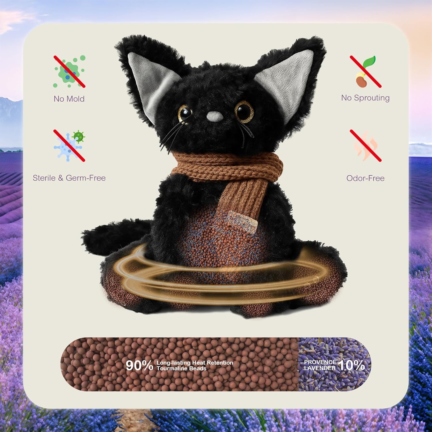 KOWSI® Microwavable Heating Pad Black Cat Plush - Weighted Stuffed Animal Toy with Tourmaline Beads & Lavender - 1 lb for Long Lasting Cozy Warmth & Relaxation - Includes Gift Box & Greeting Card - Image 4