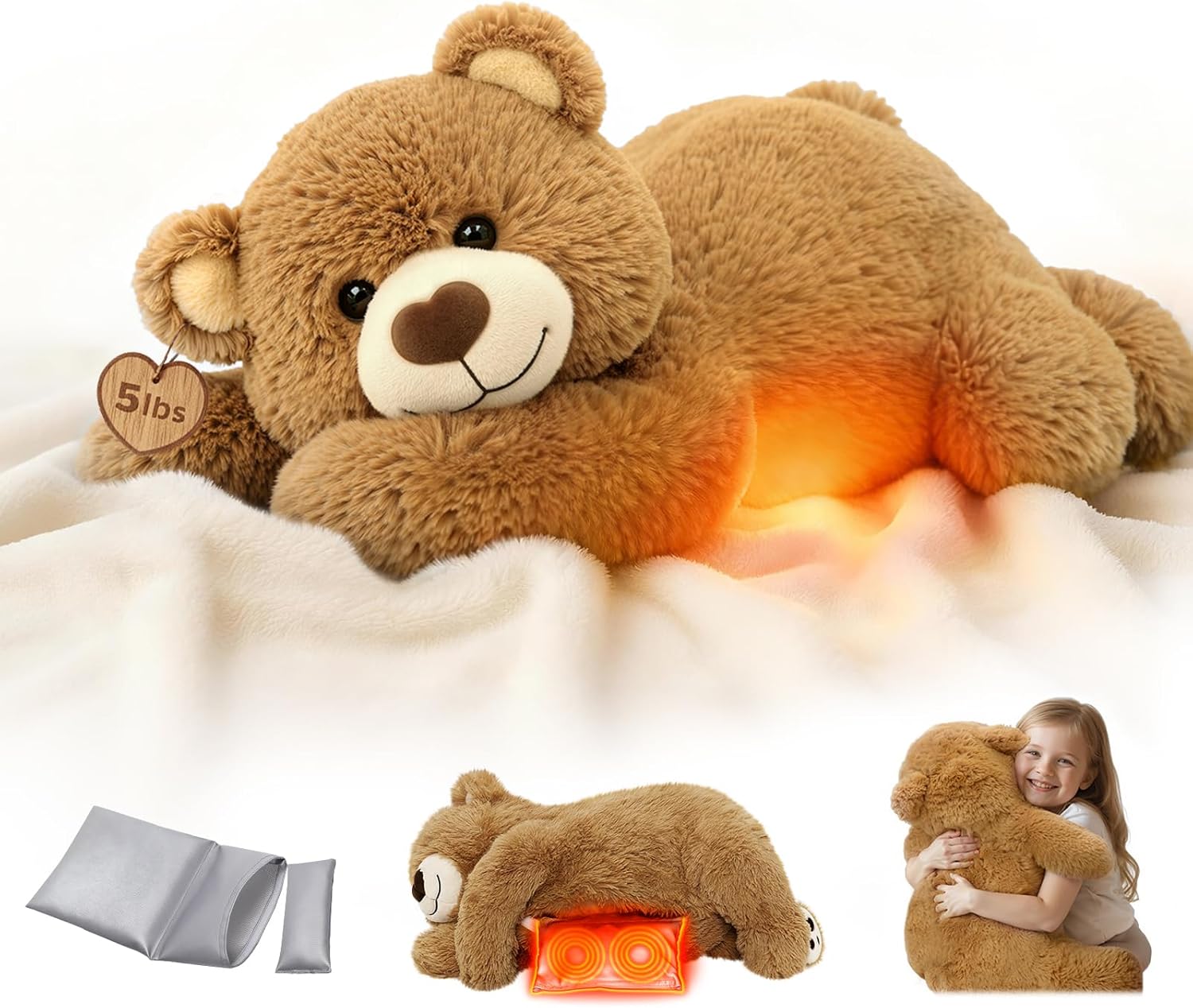 Mewaii Weighted Stuffed Animals for Adults & Kids, 2-5 lbs - 23" Heatable Coolable Bear Plush, Microwavable Adjustable Removable Inner Pad, Realistic Hug Comfort Gift (Brown)