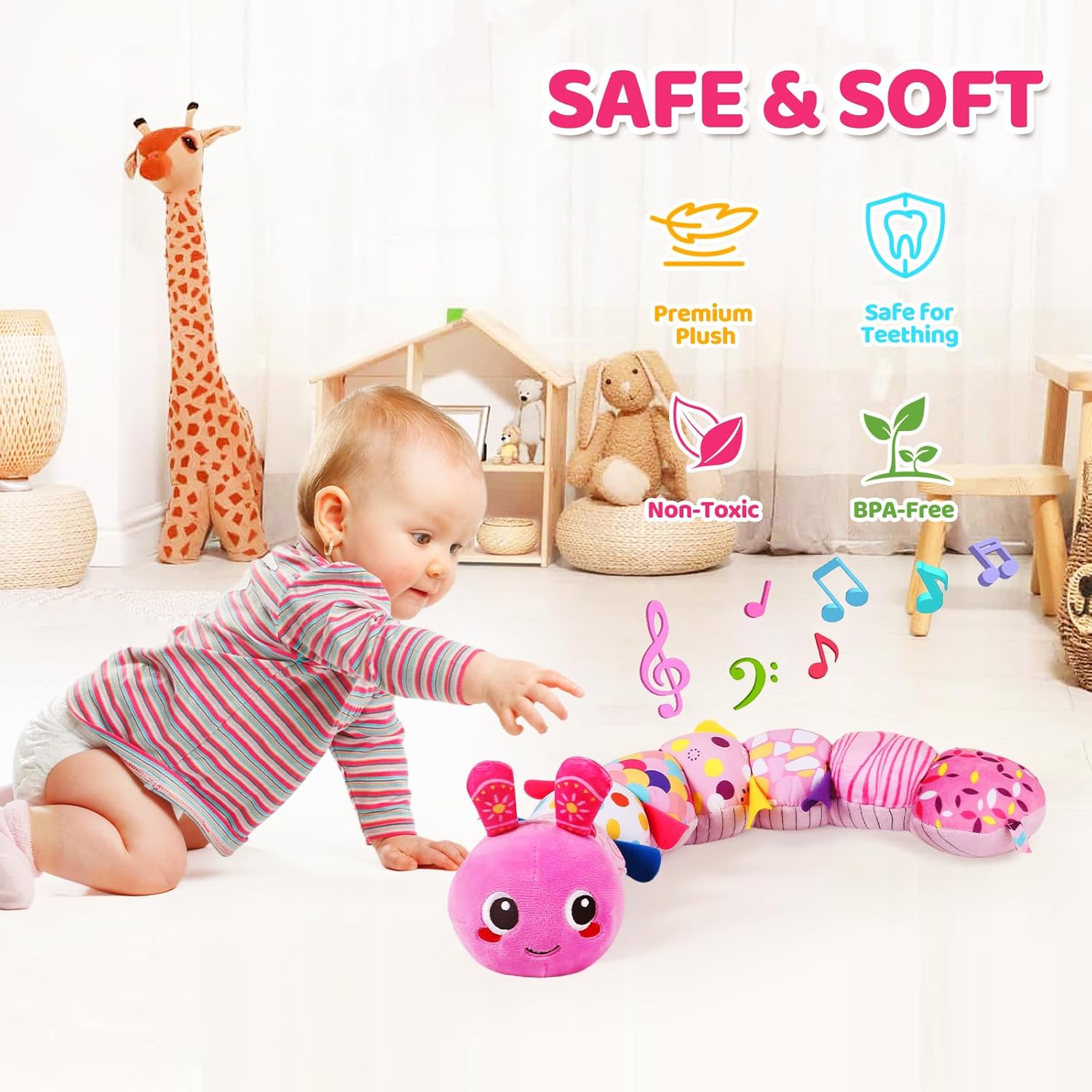 KMUYSL Baby Toys 0-6 6-12 Months, Sensory Music Animal Stuffed Toy for 0 1 2 3 4 5 6+ Months, Plush Toy with Crinkle and Rattles for Infant Newborn, Tummy Time Toys Gifts for 0-3-6-12 Month - Image 5