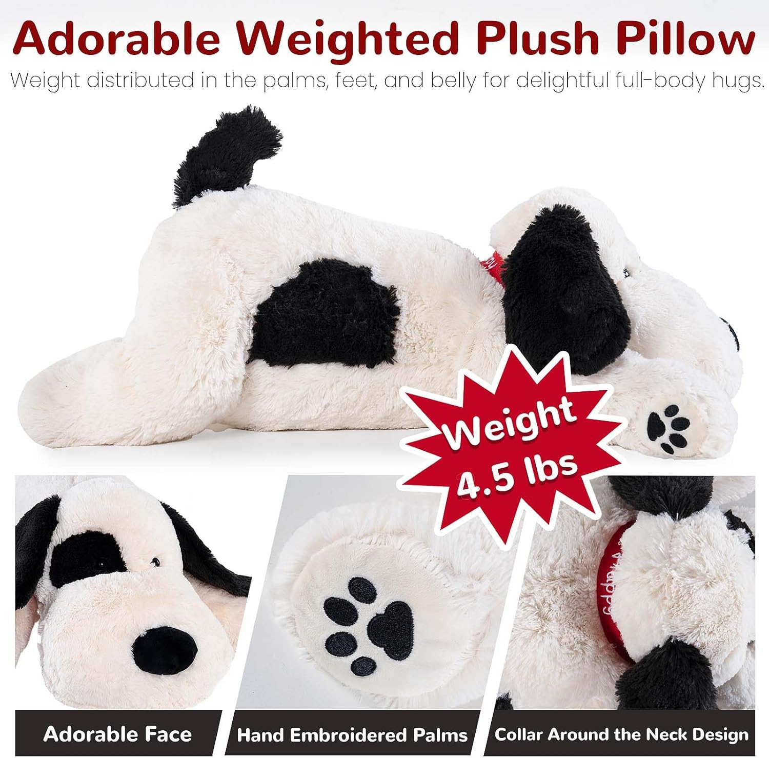 meowtastic Black & White Dog Weighted Stuffed Animals - 22 Inch 4.5 Pounds Weighted Plush Dog Stuffed Animals - Big Stuffed Dog Plush Pillow - Cute Plush Toys Gifts for Kids & Adults (22" 4.5 lbs) - Image 2