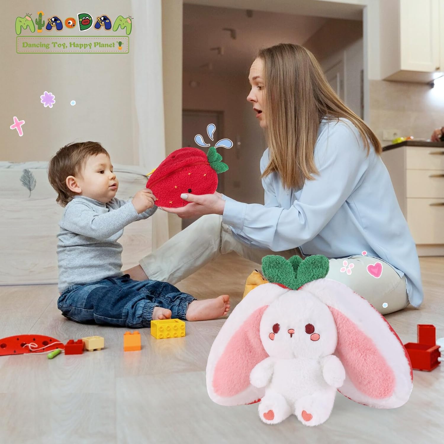 MIAODAM Easter Strawberry Bunny Plush Toy- Cute Soft Huggable Stuffed Animal for Kids & Collectors, Birthday Present & Nursery Decor 10inch - Image 6