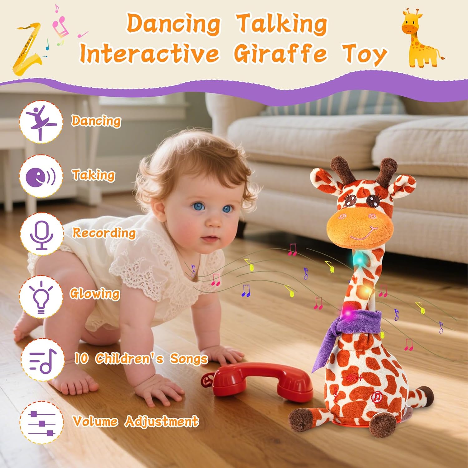 Dancing Talking Giraffe Plush Toy, Interactive Repeating Plush Toy that Mimics Your Words. Glowing Electric Giraffe Gifts with 10 Built-in Kids’ melodies, Ideal for Toddlers Aged 1-3. - Image 2
