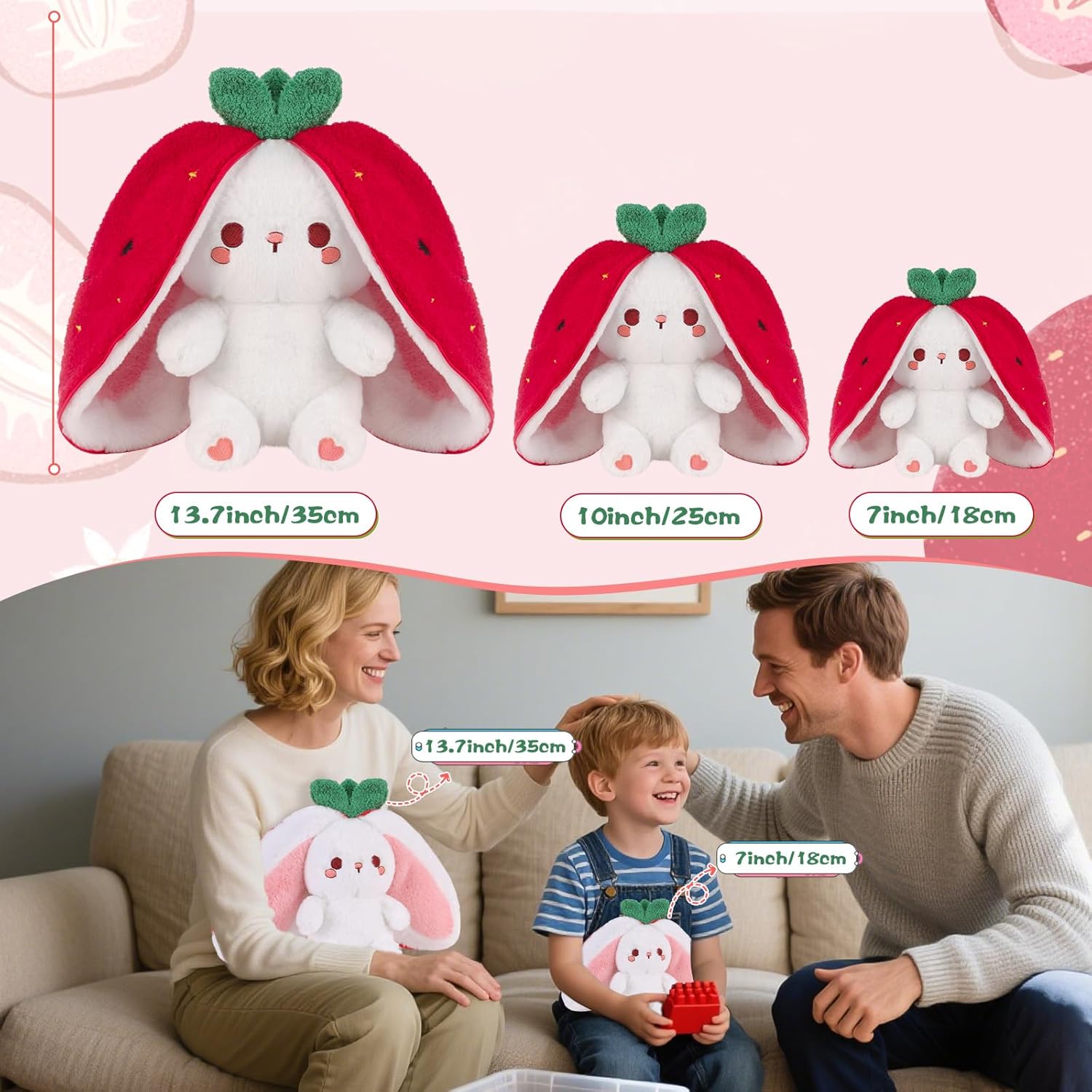 MIAODAM Easter Strawberry Bunny Plush Toy- Cute Soft Huggable Stuffed Animal for Kids & Collectors, Birthday Present & Nursery Decor 10inch - Image 3