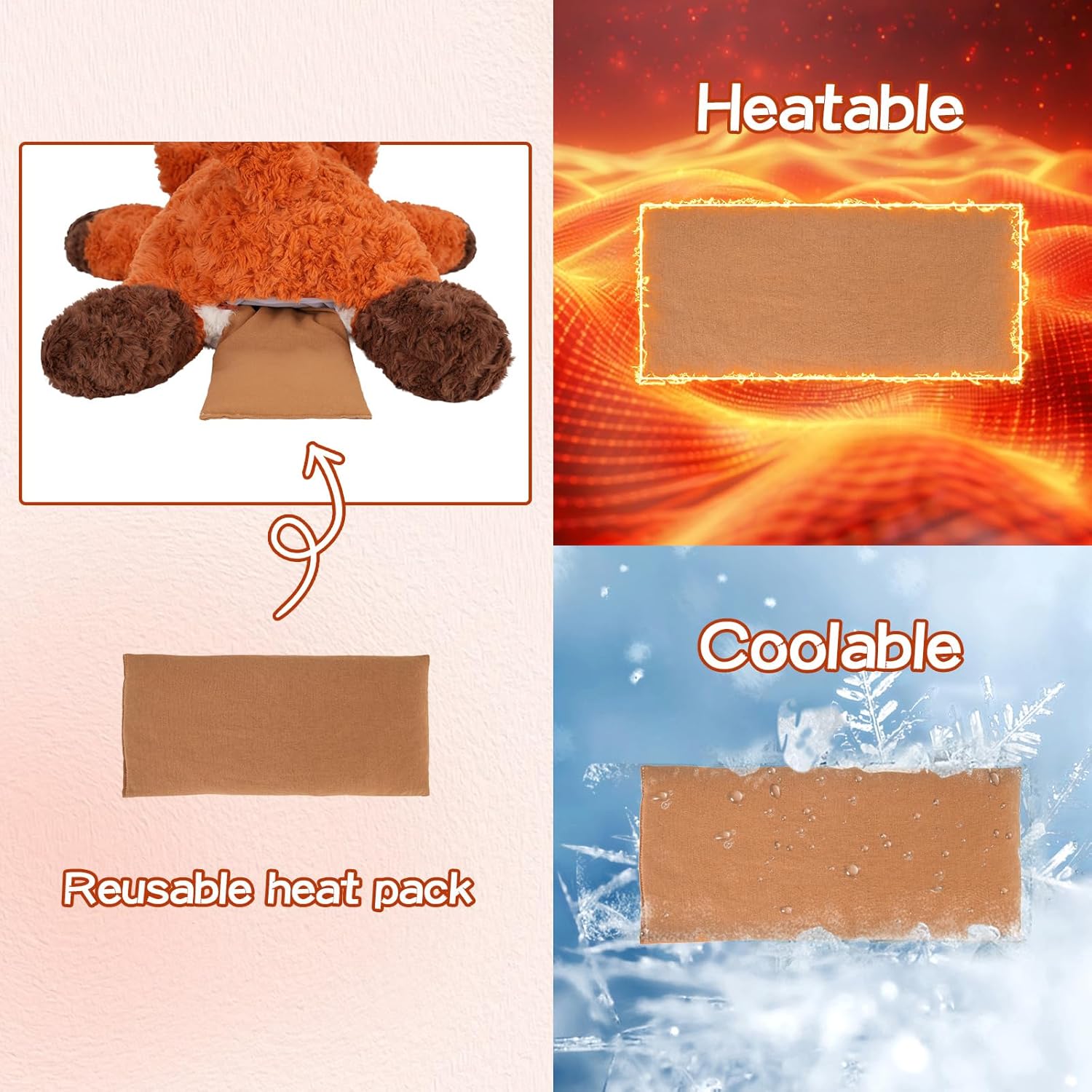 GILFWM 25" 5 Lbs Weighted Stuffed Animals Fox, Heatable and Coolable Weighted Plush with Microwavable Heating Pad,Removable Soft Washable Cute Plushie Pillow Toy Gifts for Adults and Kids - Image 5
