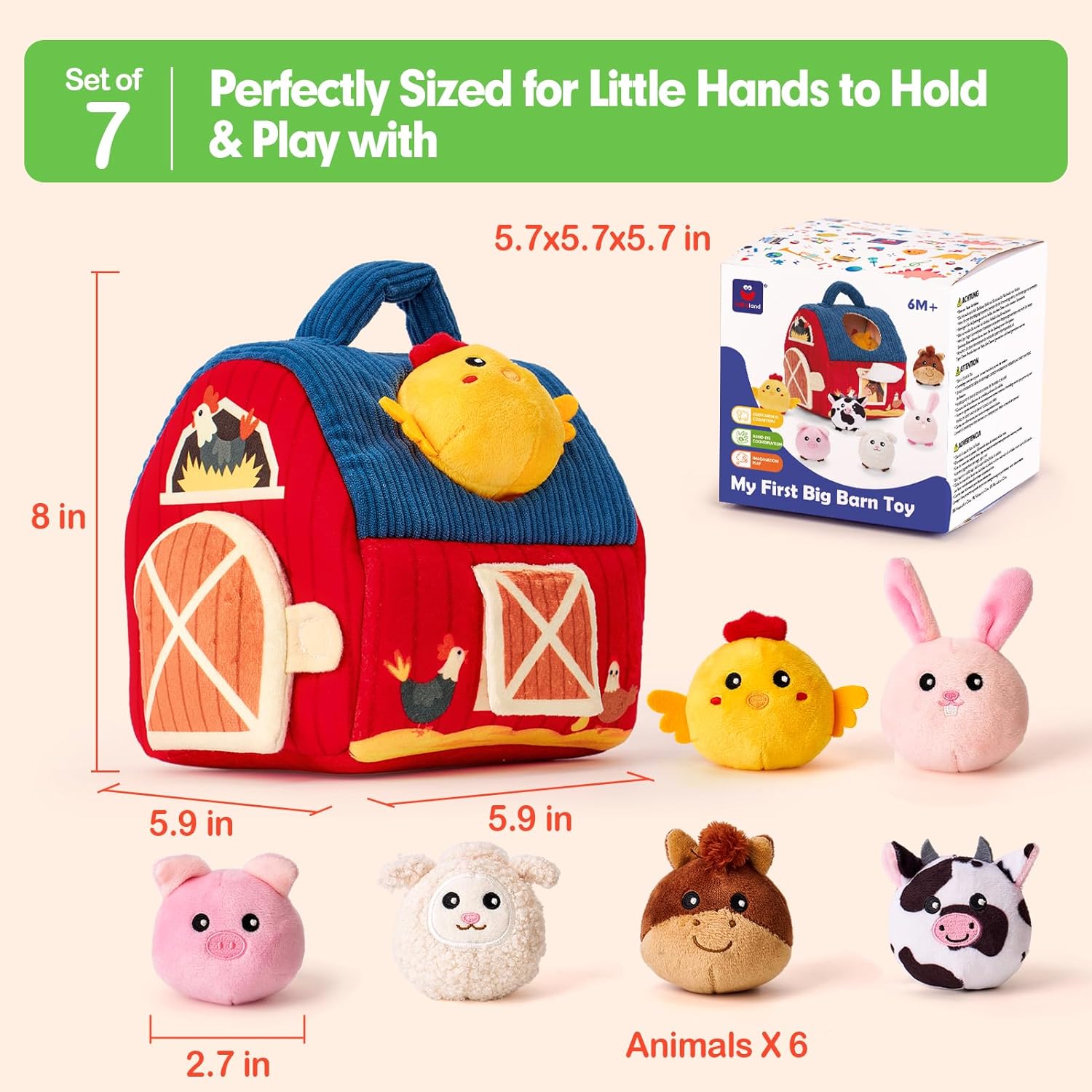 hahaland Baby Toys 6-12 Months - Surprise Barn Stuffed Farm Animals, Rattle, Crinkle, Mirror, Montessori Toys for 6 Month Old Sensory Balls 1-3, Baby Boy Gifts, Farm Plush Toys for Babies Travel Toy - Image 8
