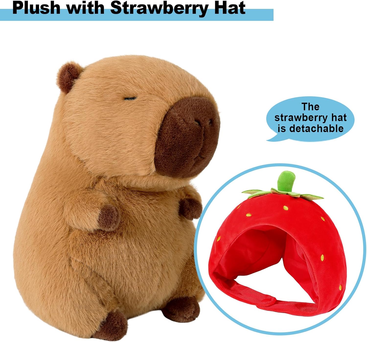 Ditucu Cute Capybara Plush Wear Strawberry Hat Soft Capibara Stuffed Animal Plushies Toys Hugging Gifts for Kids Brown 9 inch - Image 2