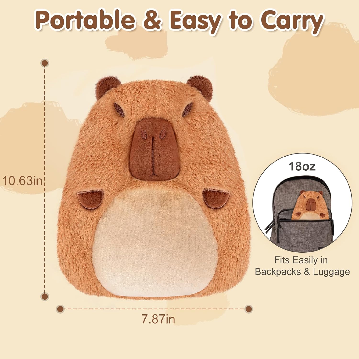 Capybara Microwavable Heating Pad for Belly, Neck & Shoulders, Heated Stuffed Animals with Moist Heat, Removable Plush Cover, Unscented Natural Fill, Adorable Surprise Present, 7.8" x 10.6", 1.2 lb - Image 6