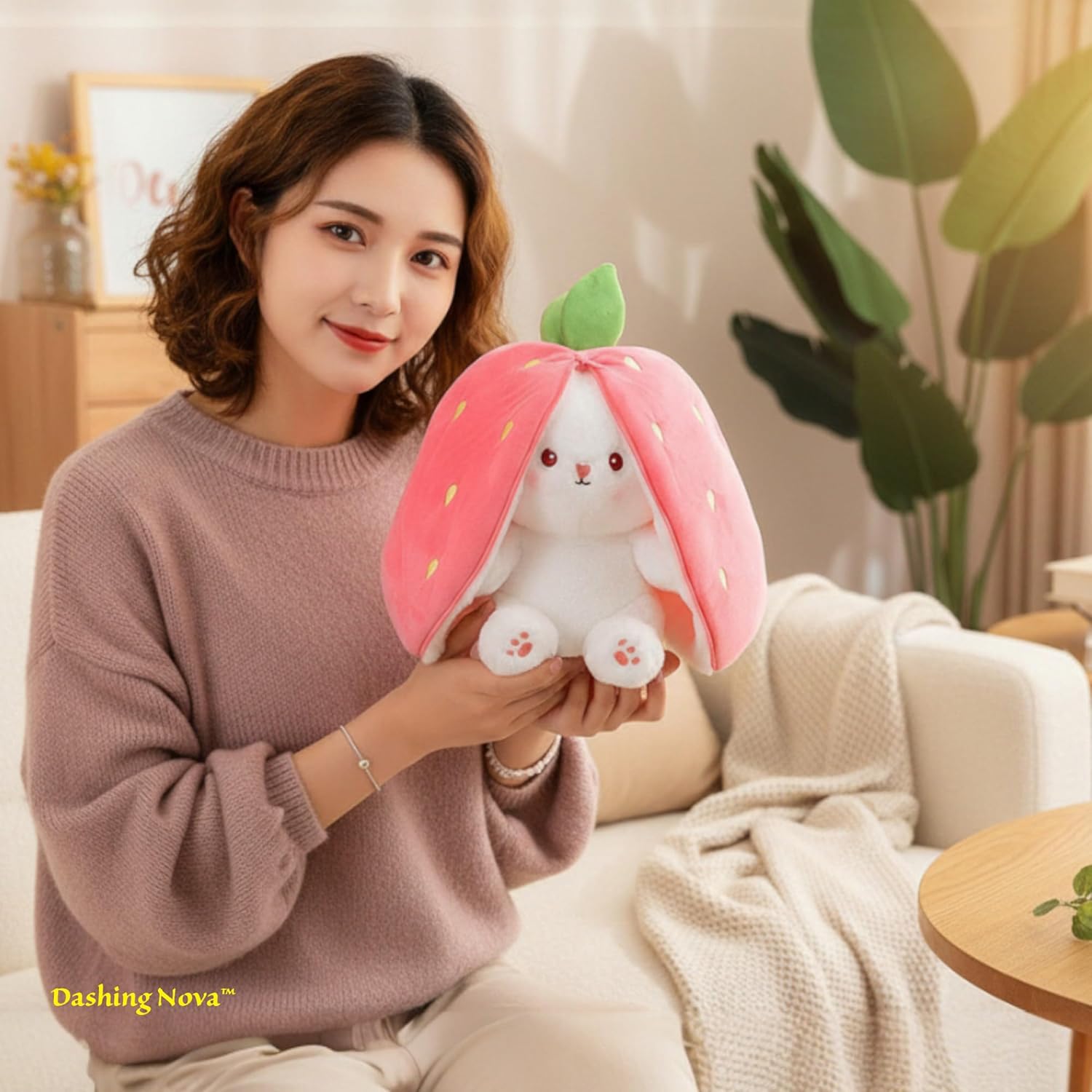 Strawberry Bunny Plush Toy Transformable Rabbit Stuffed Animal Pink 13.7 Inch Soft Plush Gift Girlfriend Girls Kids - Image 3