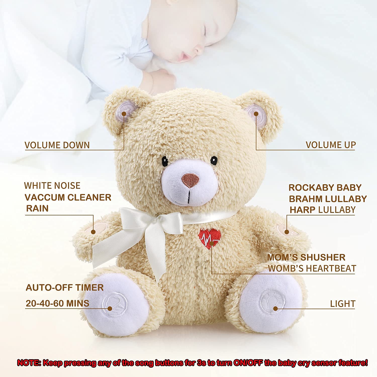 BEREST Sleeping Bear Baby Sleep Soother- Mom's Heartbeat White Noise Machine Infant Stuffed Animal Bear Toy Sleeping Aid, Nursery Decor with Baby Cry Sensor, Night Light, 9 Soothing Sounds Therapy - Image 6