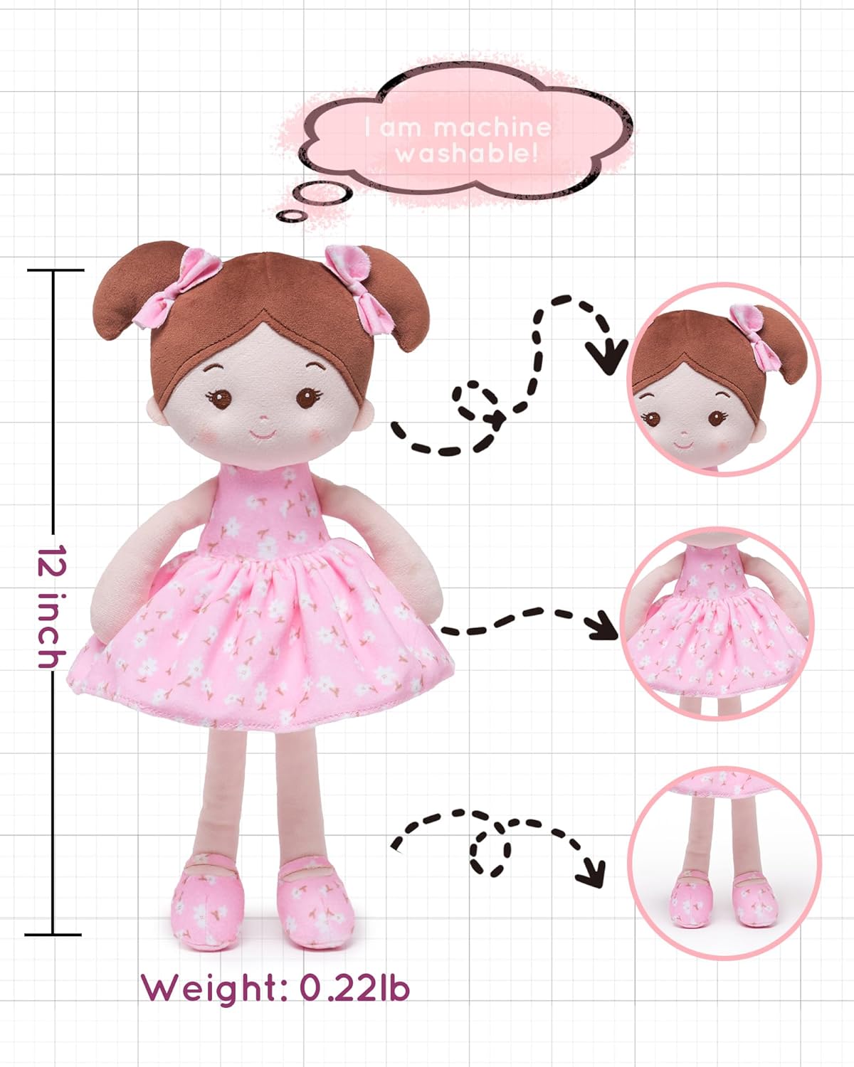 LeyaDoll Soft Baby Doll Toys (12''), My First Baby Rag Doll for 1 Year-Old Girl Birthday Gift, Christmas Plush Toys Gift for Toddler Kids Infants -FloraBelle(Pink) - Image 2