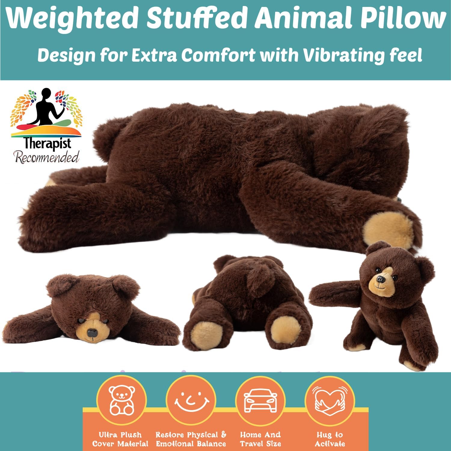 Lunapuer Bear Sensory Weighted Vibrating Pillow, Pressure Activated for Kids Adults, Plush Minky Soft Size: 11 by 20 inches Pillow Animal, Calming Therapy for Focus and Balance for Gift Birthday - Image 2