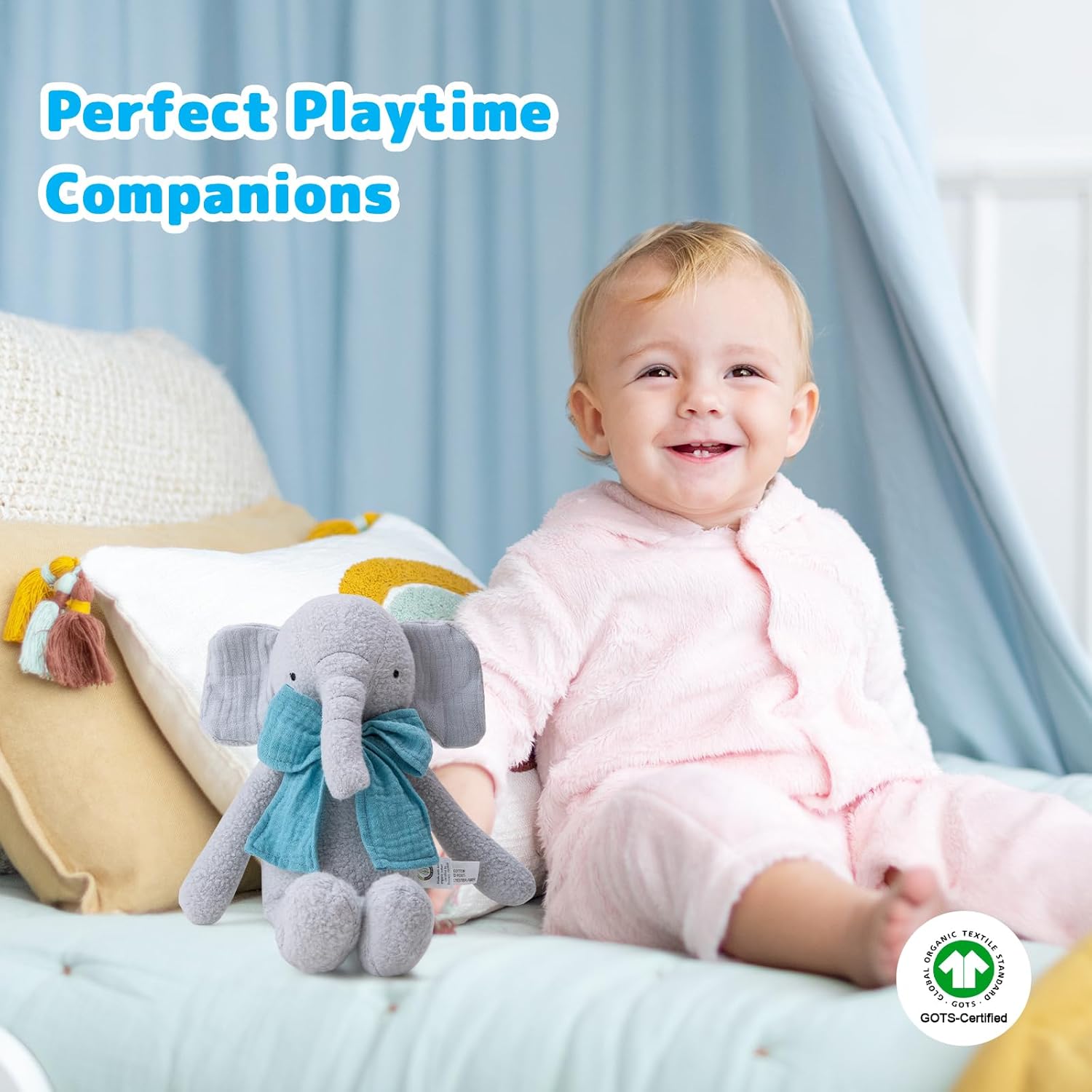 Stuffed Animal Organic Cotton Baby Plush Toys, 9” Organic Sitting Elephant with Rattle Soft Cuddly Toy for Boys and Girls - Image 7