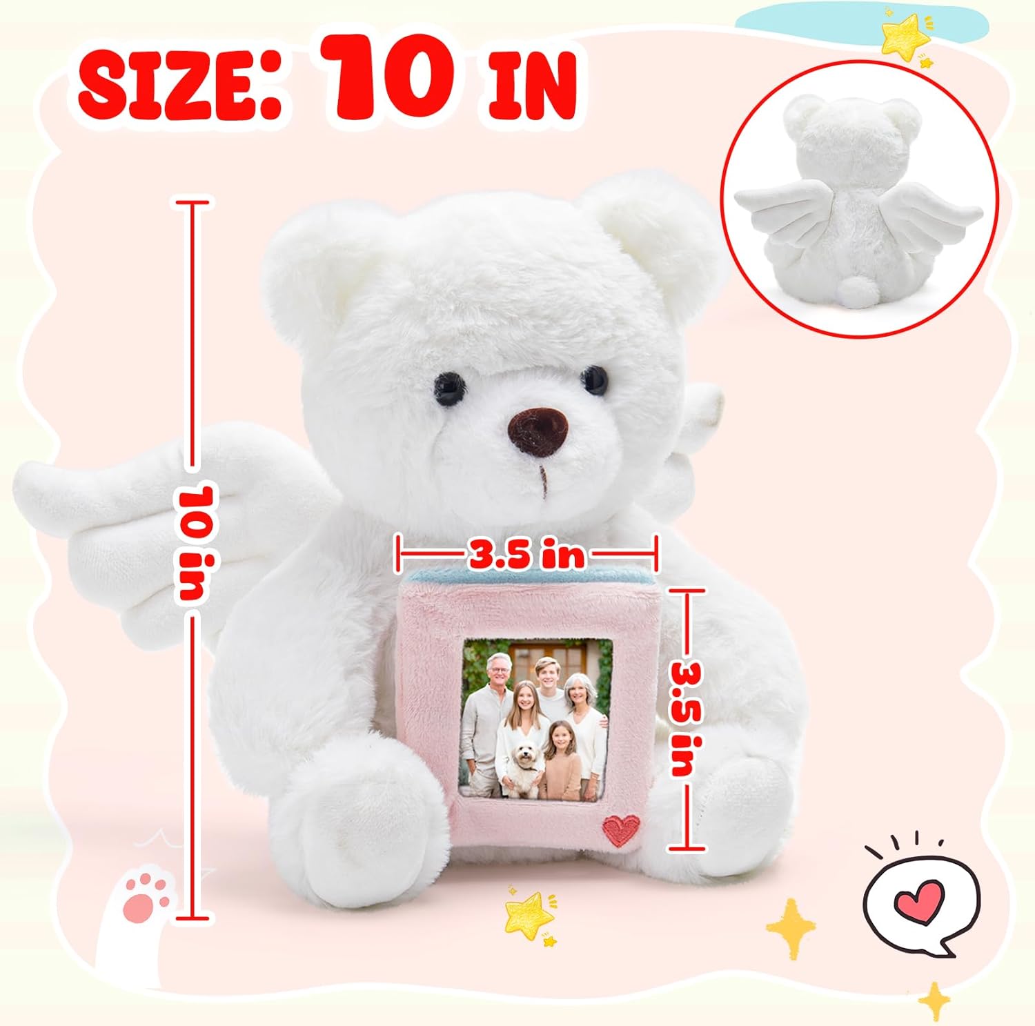 10" Heartbeat Recordable Guardian Angel Bear, Voice Recorder Teddy Bear w/30 Sec Recorder, Comforting Plush Toy with Photo Frame Messages Recording Playback Gifts for Remembrance Newborns Birthday - Image 5