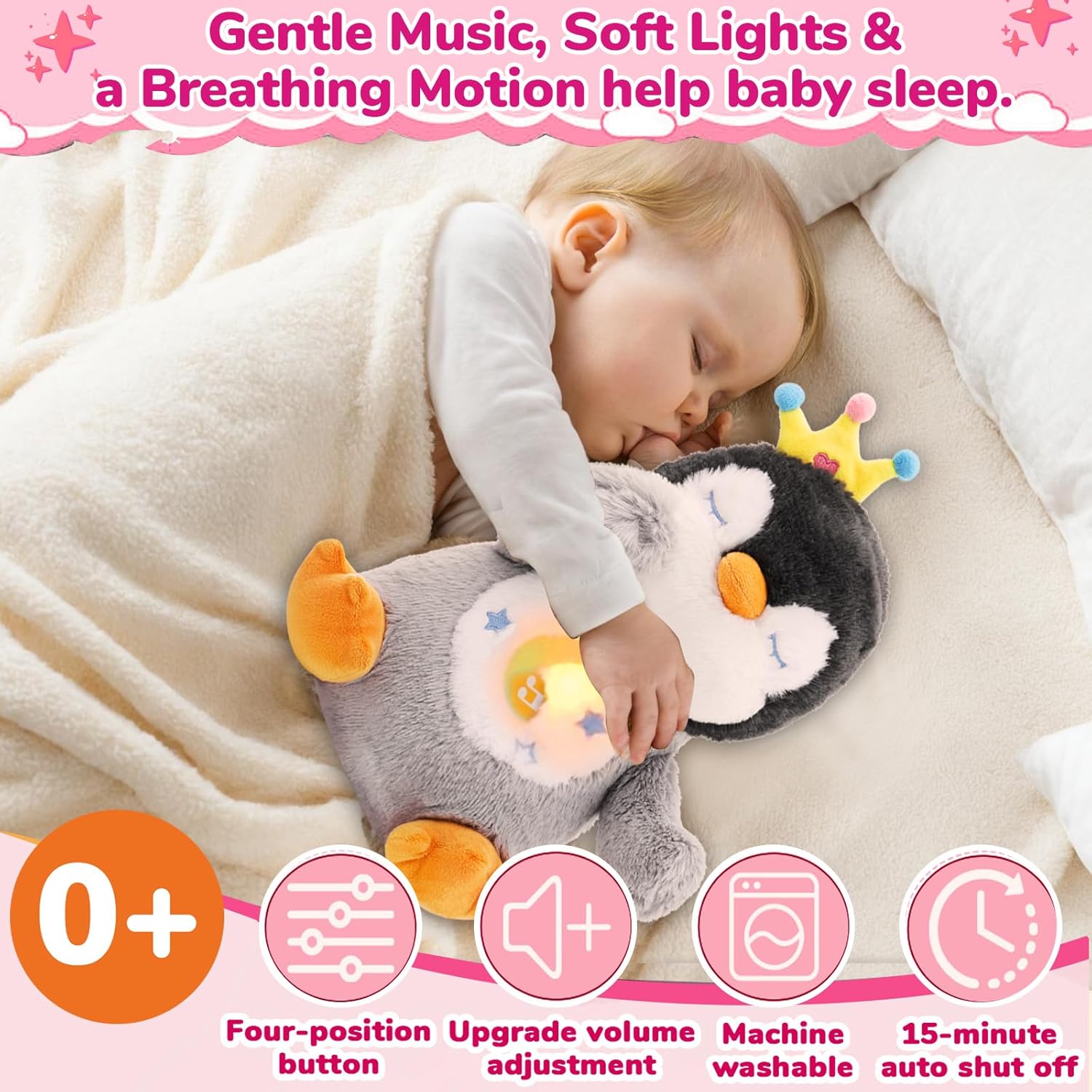 Breathing Stuffed Animal, Soothe Snuggle Penguin Plush for Anxiety Adults and Kids, Volume Control, Machine Washable, Sleep Buddy Soothing Penguin with Realistic Breathing and Lights Music, 4 Modes - Image 2