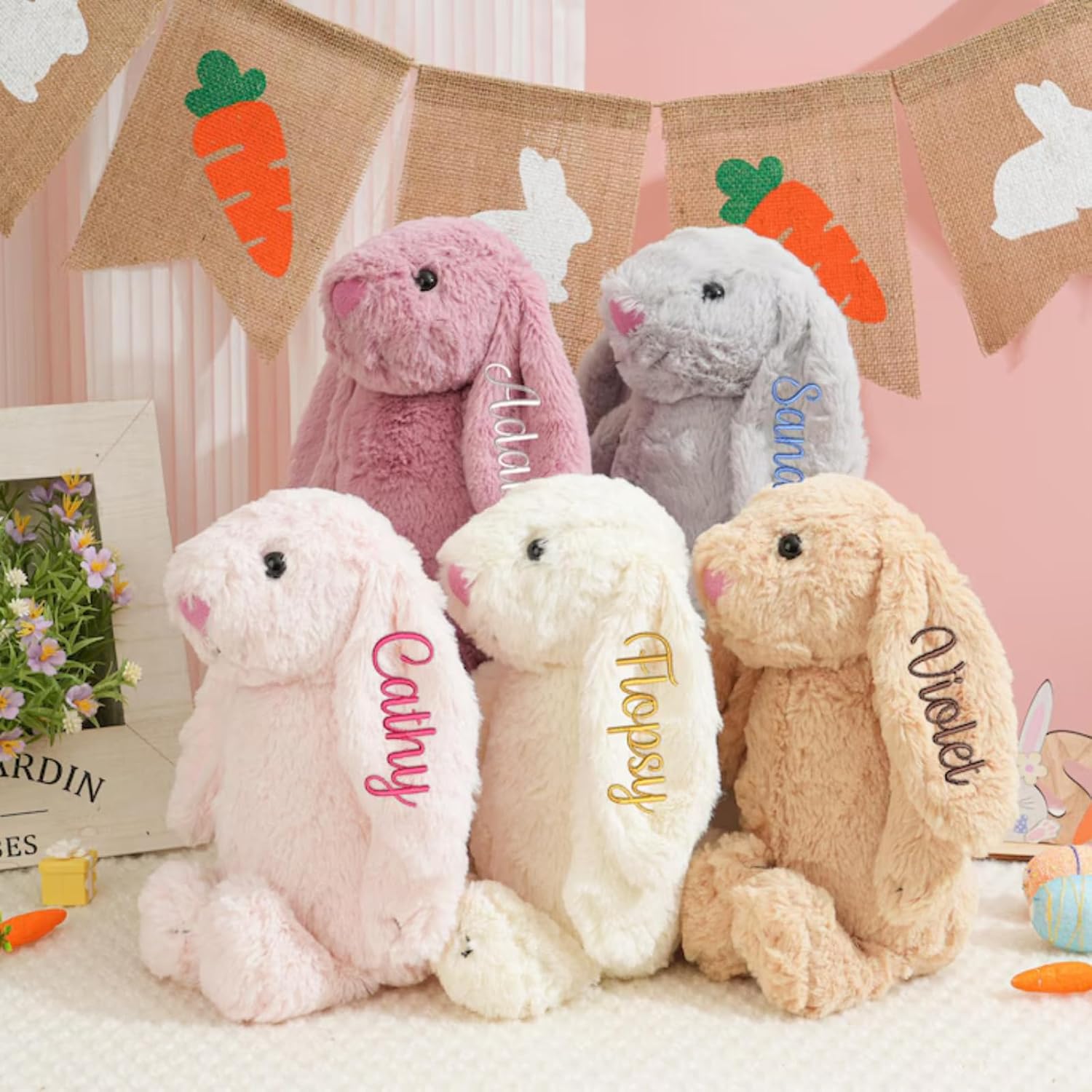 Custom Bunny Stuffed Animal, Embroidered Bunny Plush, Rabbit Plushie with Name, Cute Toys for Kids Babies Girls Boys, Emotional Support Gift, Meaningful Gift Basket Idea - Image 3