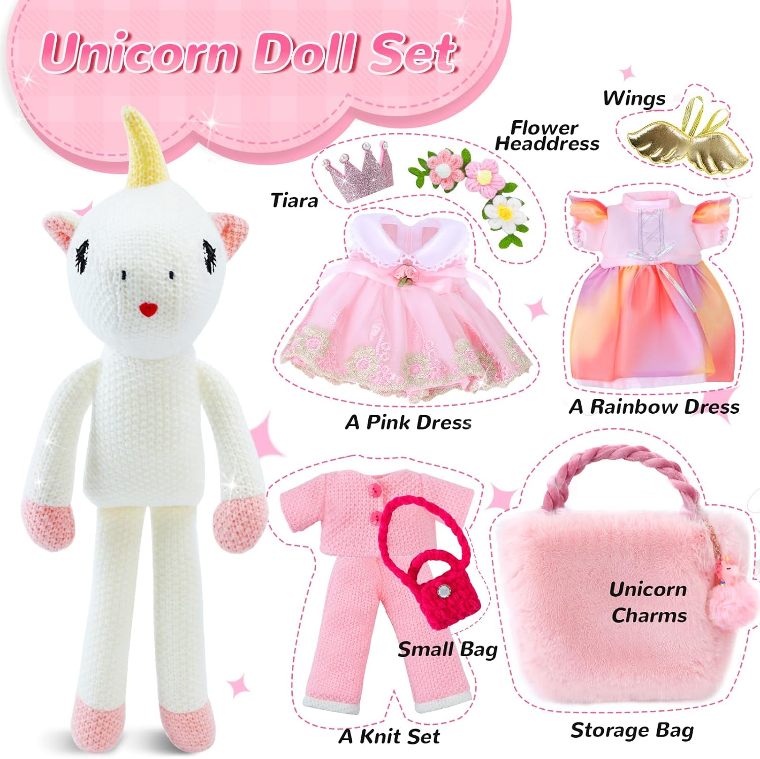 Unicorns Toys for Girls Age 3-10, Ballerina Stuffed Animal Girl Toys with 3 Set Clothes & Plush Storage Bag, Dress up Doll Birthday Gift for Toddles Girls Stocking Stuffers - Image 2