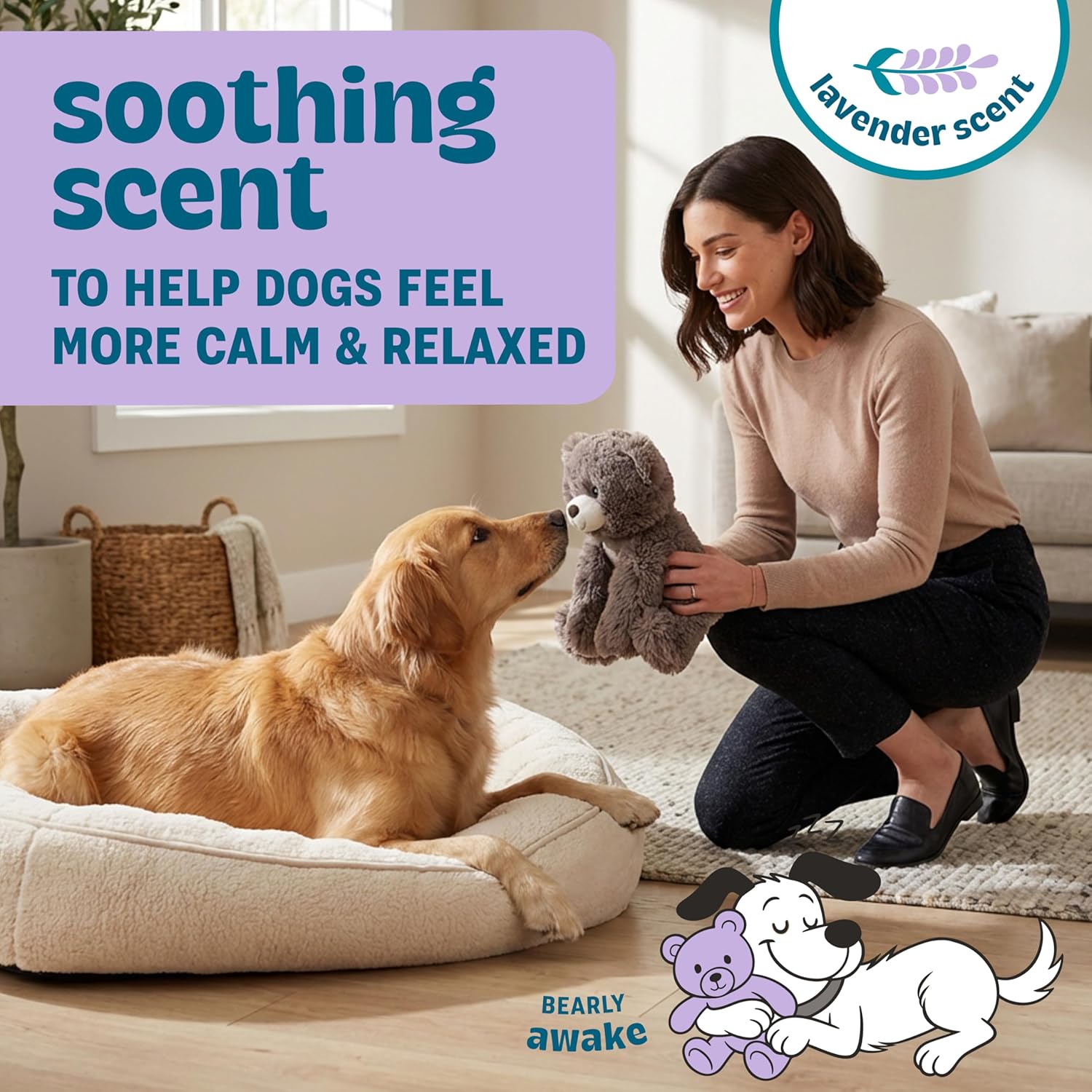 Calming Plush Dog Toy with Squeaker, Ultra-Soft Floppy Cuddle Companion, Lavender Scented, Bear, Large, 11.8” - Image 2