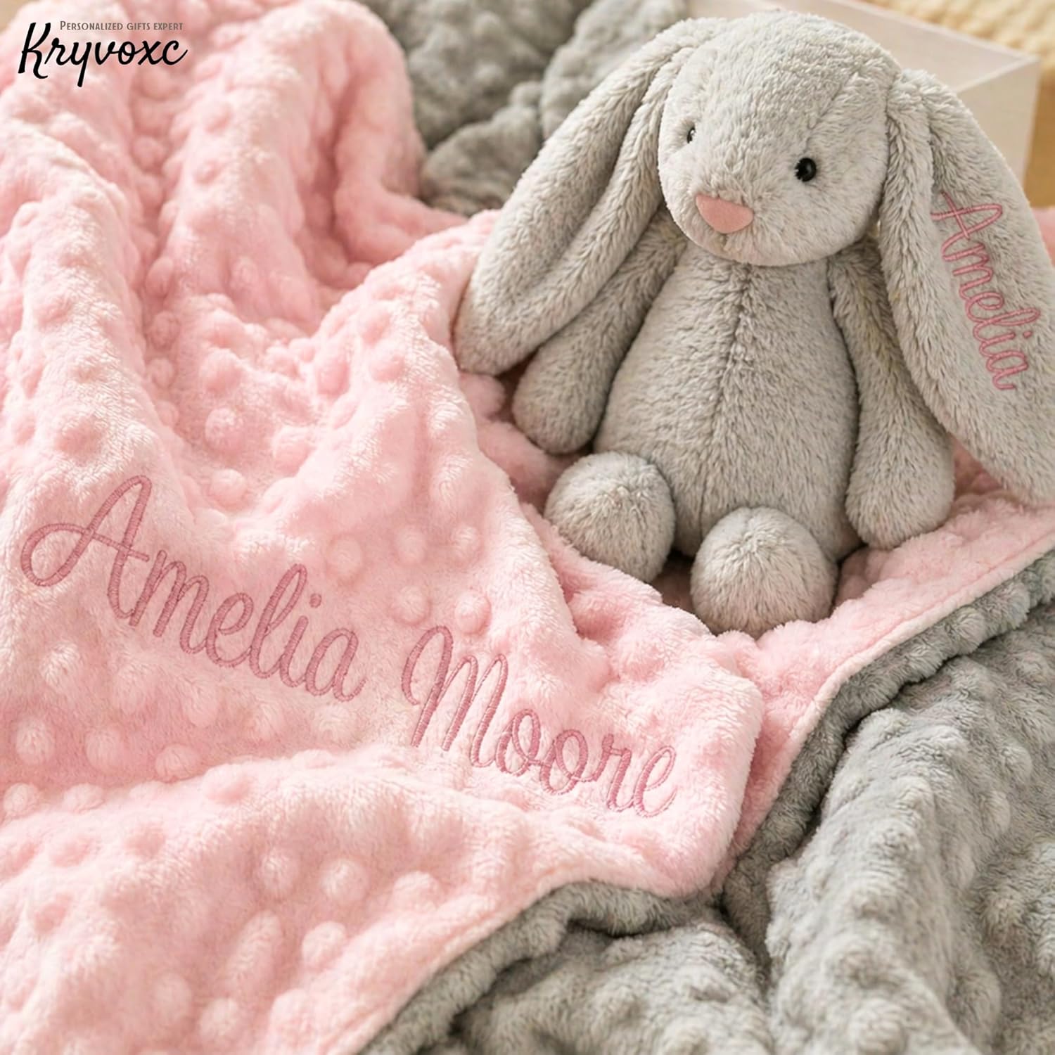 Personalized Baby Blanket and Plush Bunny Set, Custom Baby Blankets and Rabbit with Name, Personalized 2 in 1 Gift Set for Boy Girl Toddlers, Minky Dot Swaddle, Gift Set for Showering, Birthday - Image 4