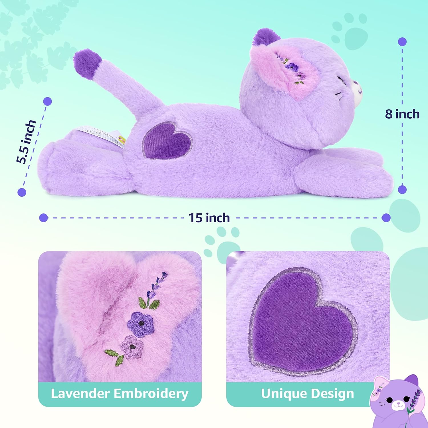 Onsoyours Original Heatable & Weighted Cat Stuffed Animals, Microwavable Purple Lavender Scented Kitten Plushie for Warmth & Comfort - Cute Plush Toys for Kids and Adults - Image 5