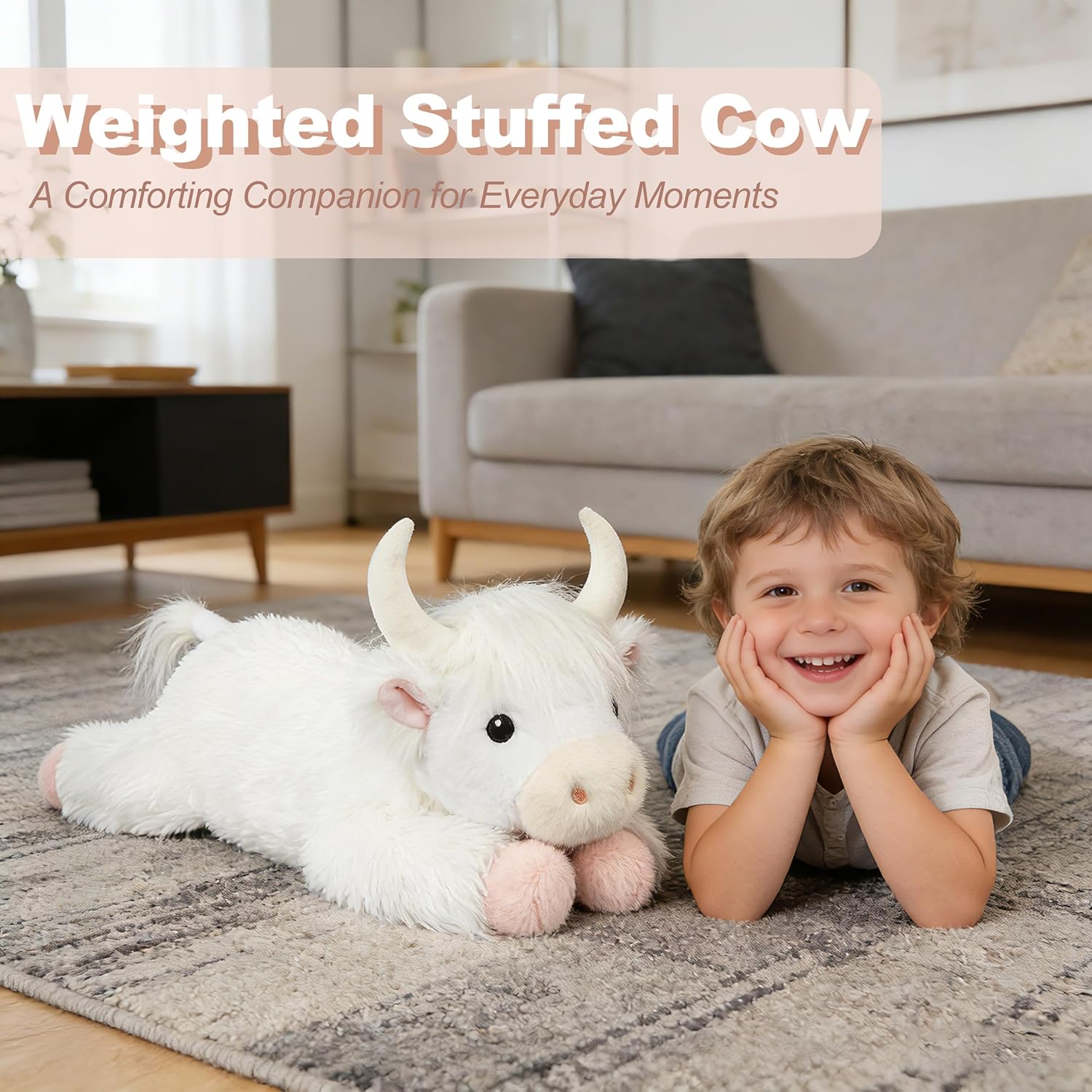 4 lbs Weighted Stuffed Animal Highland Cow Plush Pillow,21" Large Weighted Cow Plush Toy, Soft Fluffy Highland Cow Stuffed Animal for Kids & Adults, Cute Farm Animal Gift (White) - Image 2