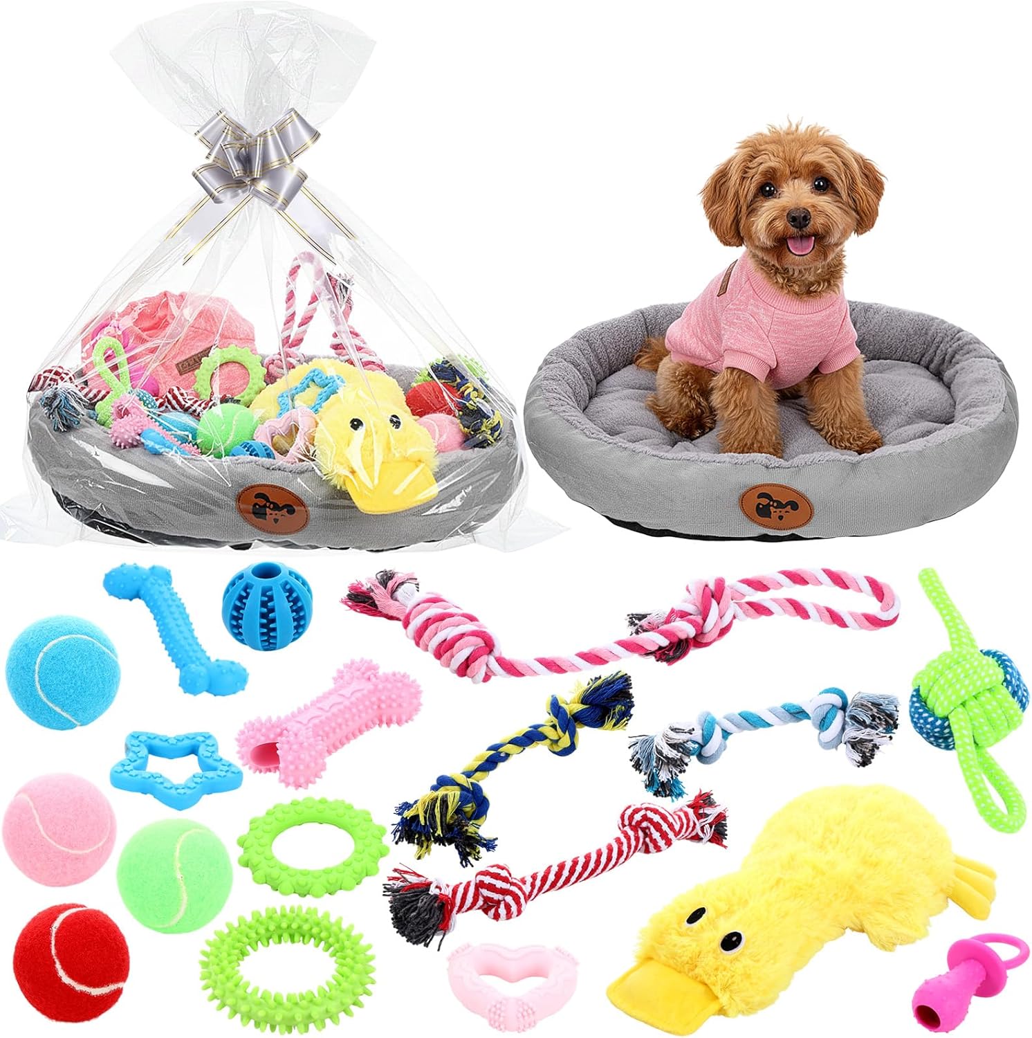 Zopeal 24 Pcs Luxury Dog Gift Set Thickened Plush Dog Bed and Sweater Dogs Squeaky Toys Breed Chewer Cute Duck Stuffed and Soft Squeaker Balls for Winter Puppy Pet Teething Chewing