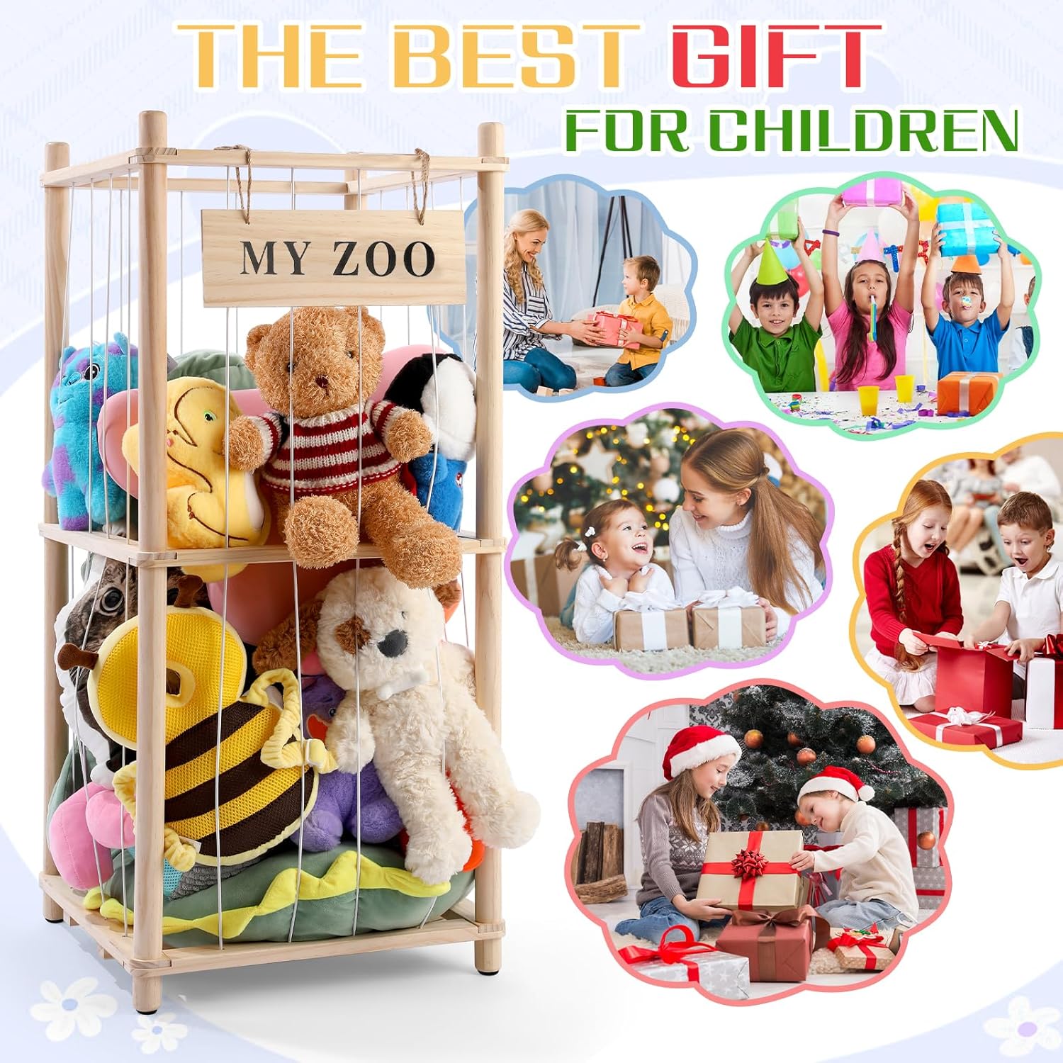 GLDZI Stuffed Animal Storage Zoo, Wooden Stuffed Animal Organizer with Elastic Cords for Boys Girls, Space Saving Toy Plushies Storage Holder for Playroom, Bedroom, Living Room (Burlywood, Small) - Image 6