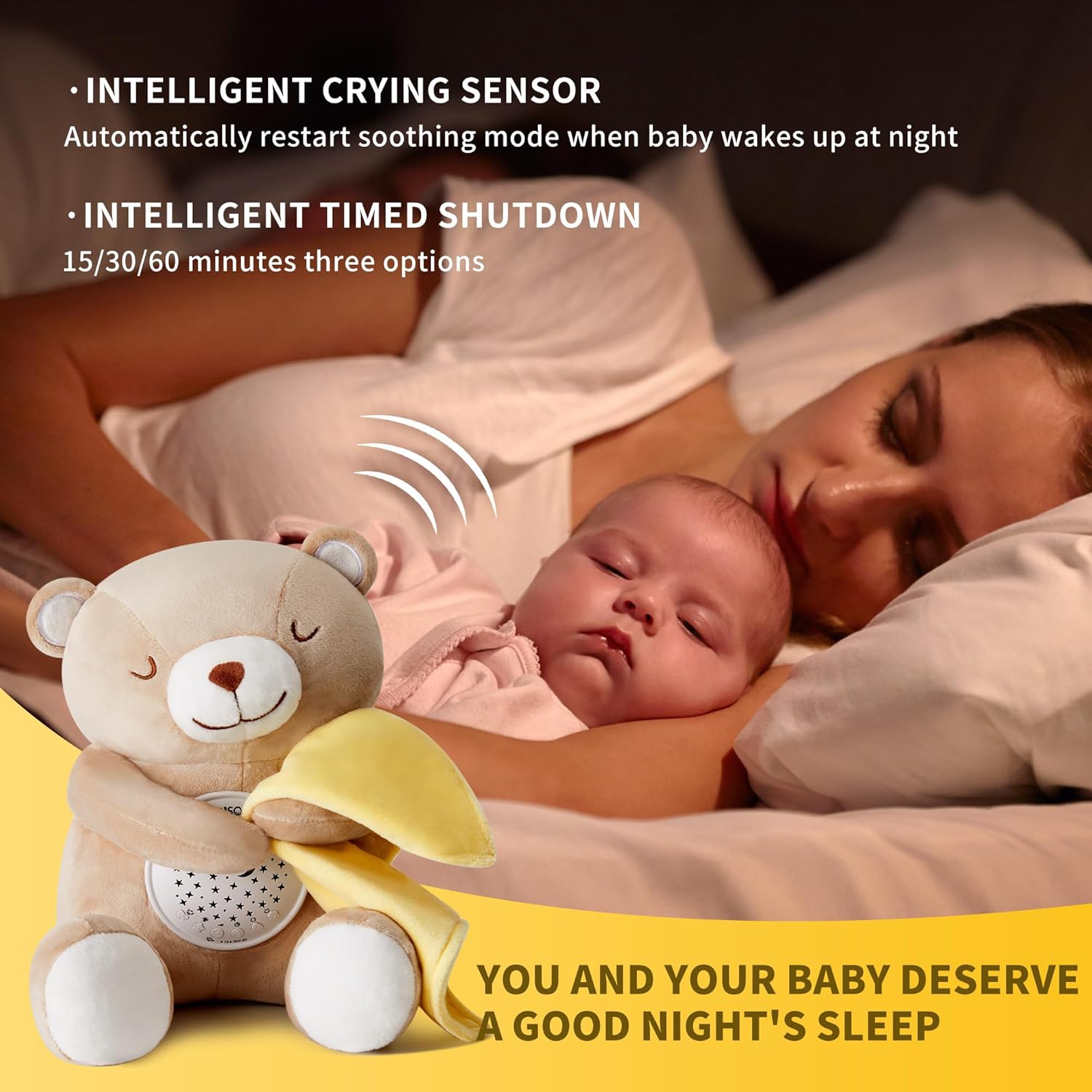 Baby Sleep Soother, White Noise Sound Machine Projector Night Light, Portable Stuffed Teddy Baby Gifts Bear Toy with 18 Soothing Sounds, Auto-Off Timer, Cry Sensor for Kids - Image 4