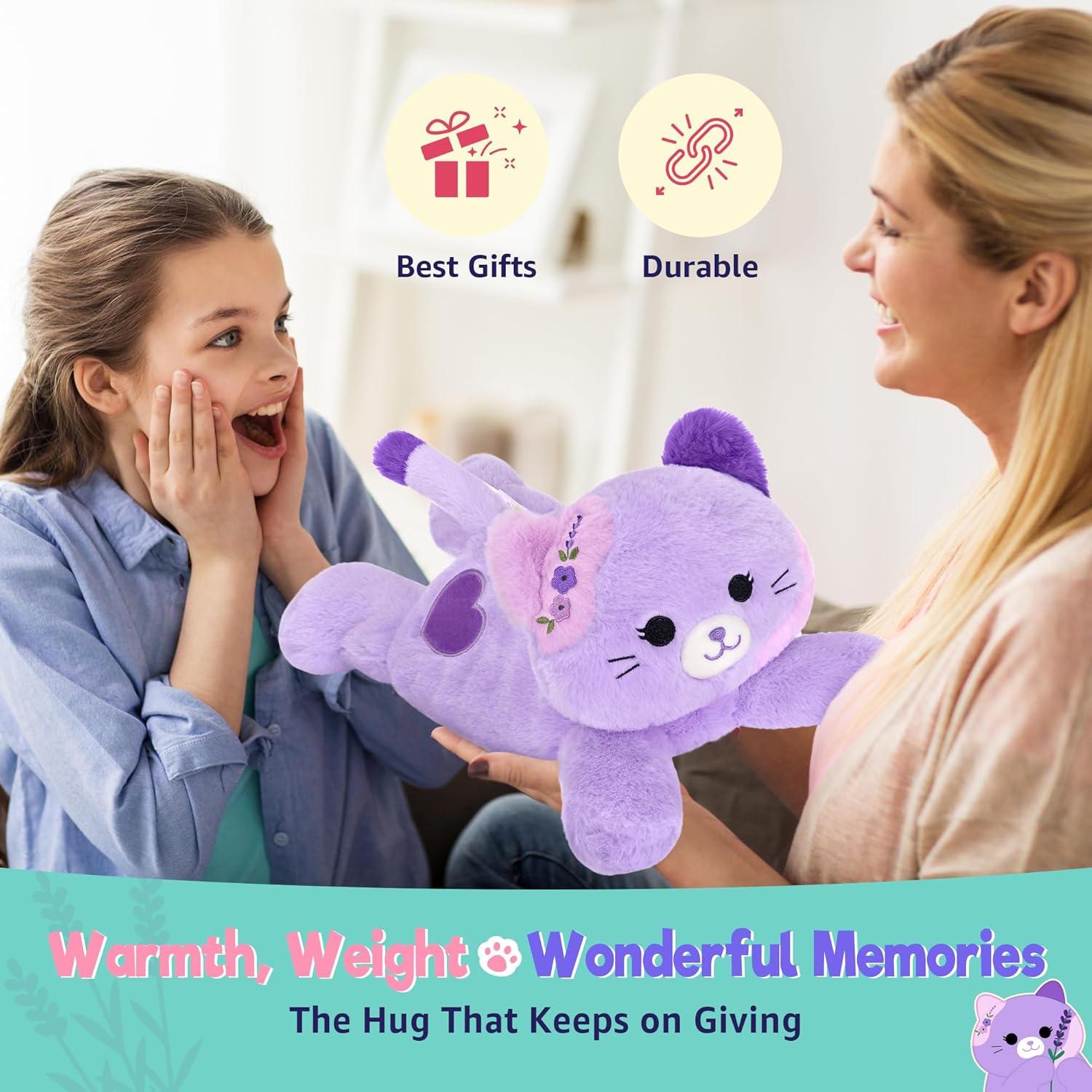 Onsoyours Original Heatable & Weighted Cat Stuffed Animals, Microwavable Purple Lavender Scented Kitten Plushie for Warmth & Comfort - Cute Plush Toys for Kids and Adults - Image 7