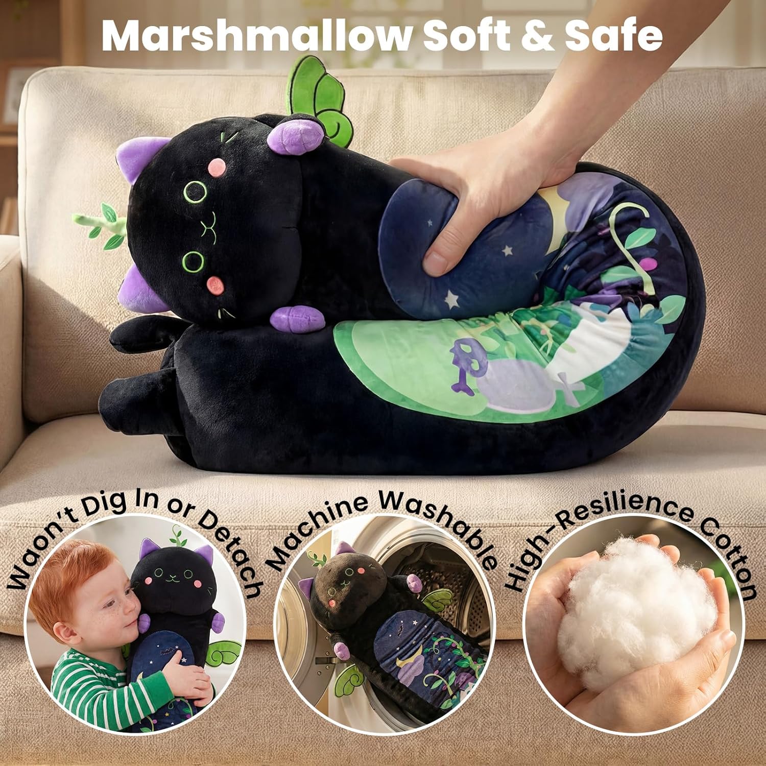 Mewaii Long Cat Plush 5 Sizes, 120% Extra Filling Giant Plushness Kids Body Pillow, Kawaii Cute Black Cat Stuffed Animals Plushies, Big Long Body Pillow Black Cat Plush Gift for Girls 20” - Image 9