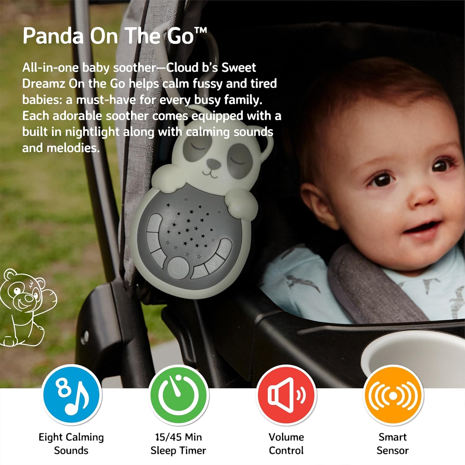 Cloud b Travel Comforting Sound Machine w/ Calming Light | 4 White Noise and 4 Lullabies | Re-Activating Smart Sensor | Sweet Dreamz On the Go™ - Panda - Image 2