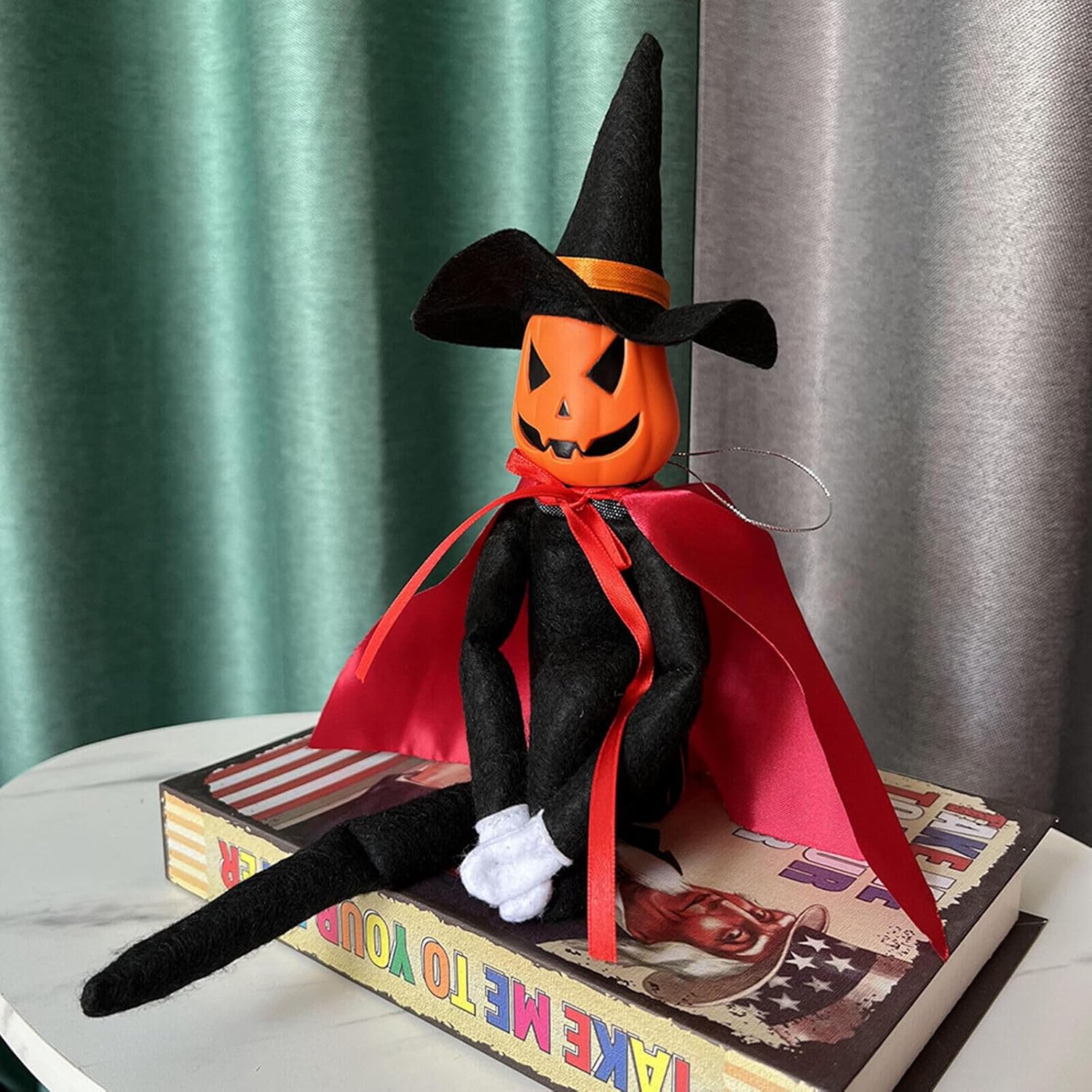 14Inch Halloween Xmas Pumpkin Elf Plush Stuffed Doll,Handmade Pumpkin Elf Toy with Black Hat,White Gloves,Dresses,and Cape for Halloween and Autumn Harvest Holiday Tabletop Home Decorations (Red) - Image 3