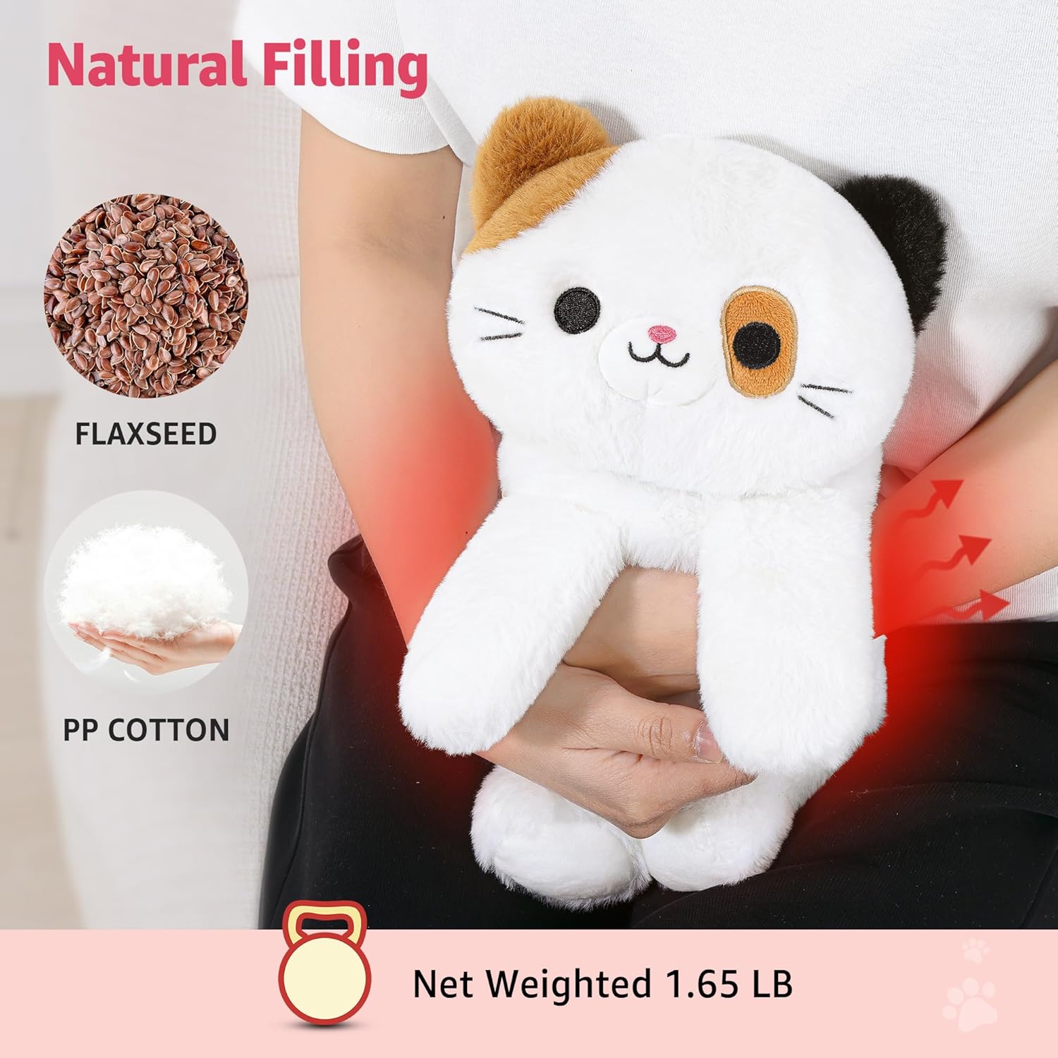Onsoyours Original Heatable & Weighted Calico Cat Stuffed Animals, 15 inch Microwavable Kitten Plushie for Warmth & Stress Relief - Comfort Soft Plush Toys for Kids and Adults - Image 5