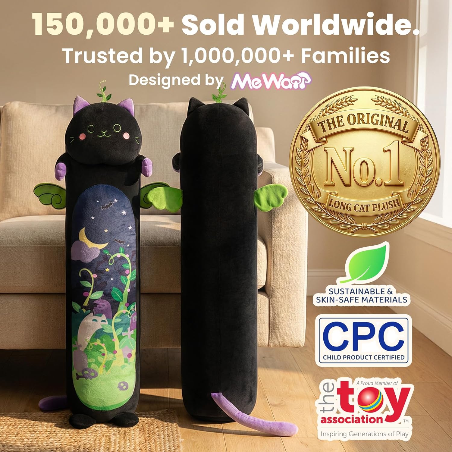 Mewaii Long Cat Plush 5 Sizes, 120% Extra Filling Giant Plushness Kids Body Pillow, Kawaii Cute Black Cat Stuffed Animals Plushies, Big Long Body Pillow Black Cat Plush Gift for Girls 20” - Image 2