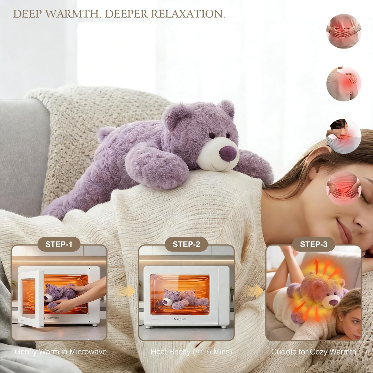 1.8 lb Purple Bear Weighted Stuffed Animal | Microwavable Heatable & Coolable Heating Pad with Tourmaline Beads & Lavender | Long Lasting Cozy Warmth Plush Toy | Includes Gift Box & Greeting Card - Image 3