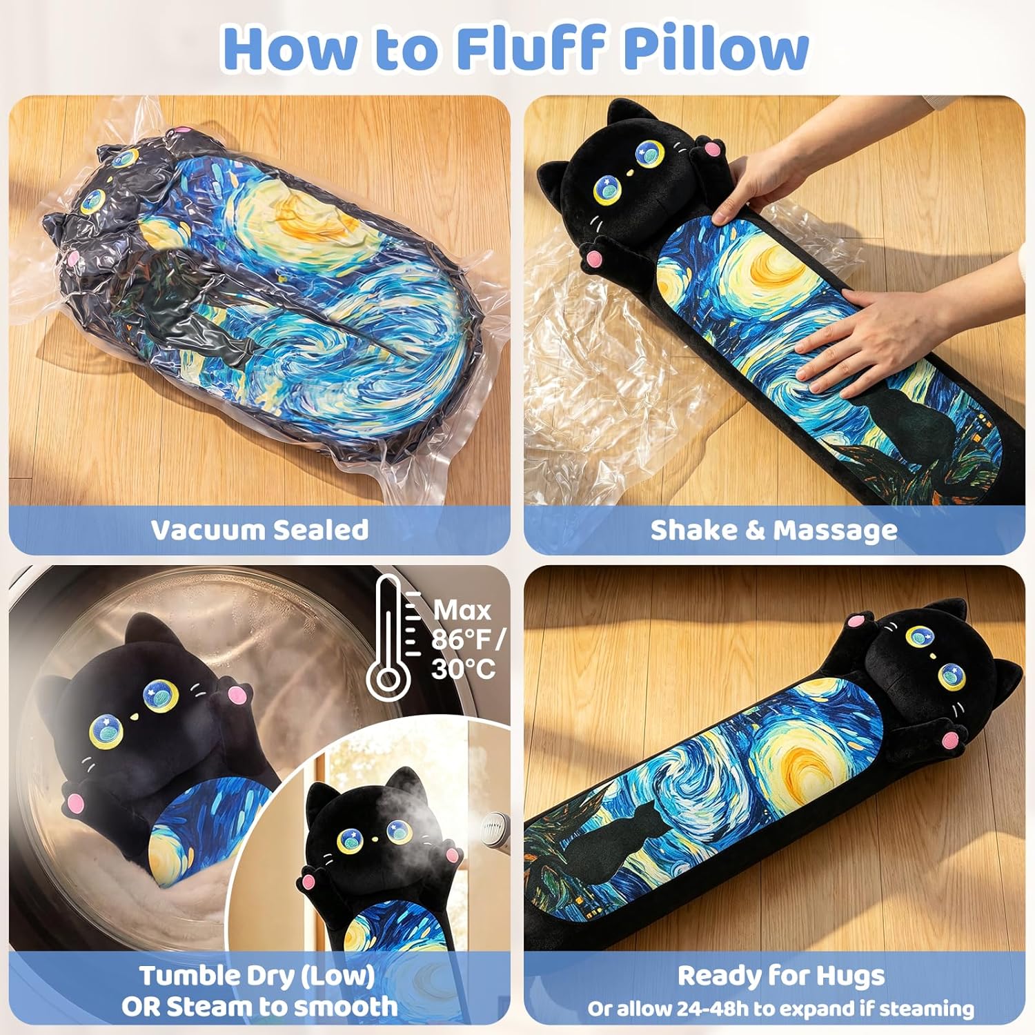 Mewaii Long Cat Plush 5 Sizes, 120% Extra Filling Giant Plushness Kids Body Pillow, Kawaii Cute Black Starry Cat Stuffed Animals Plushies, Big Long Black Cat Body Pillow Plush Gift for Girls 20” - Image 9
