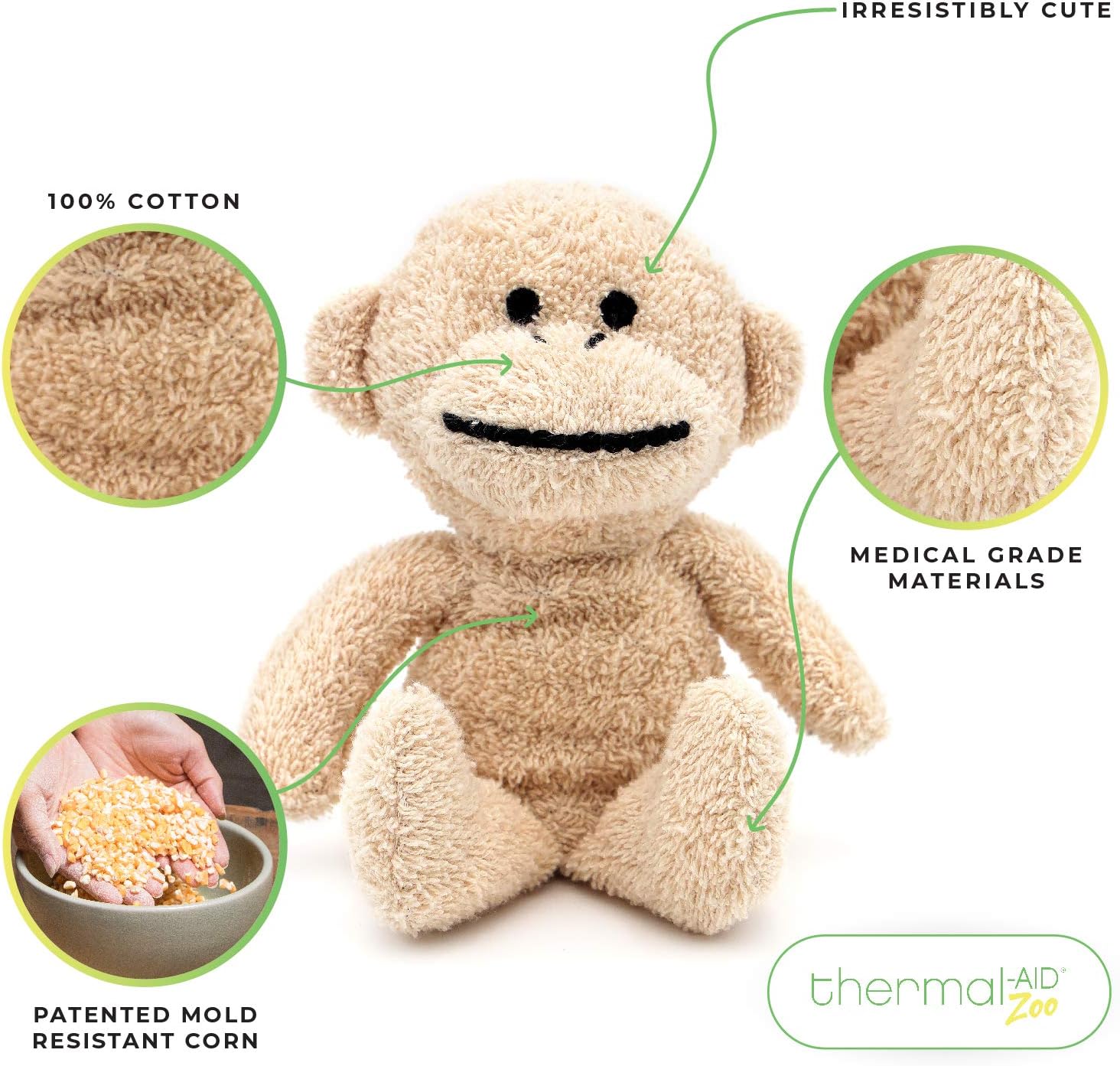 Thermal-Aid Zoo Mini — (Jo Jo the Monkey) — Mold-Resistant, Washable Hot & Cold Pack for Kids — Heating and Cooling Pad with Natural Corn Filling — Reusable Plush Toy - Image 2