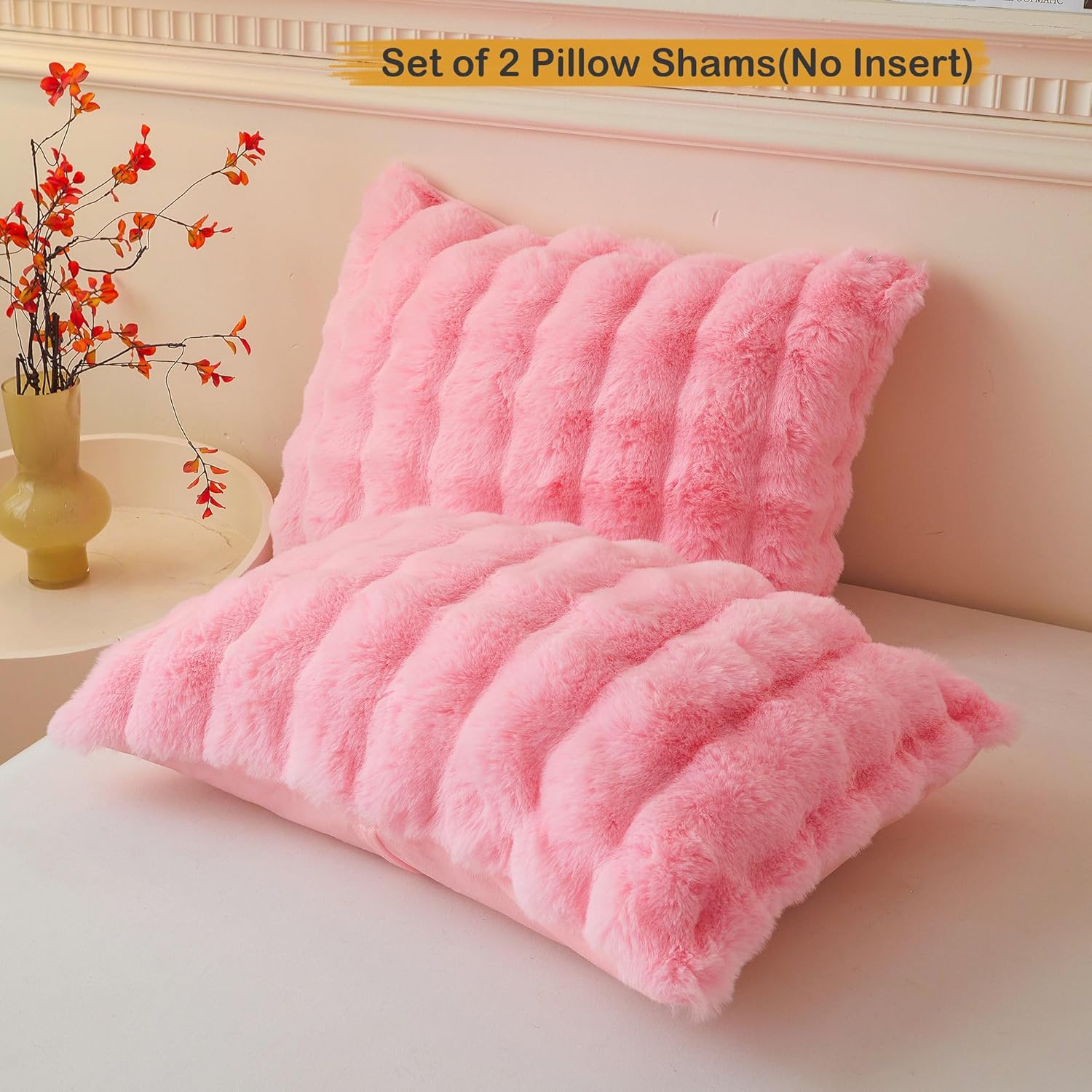 LIFEREVO Pack of 2 Fluffy Faux Rabbit Fur Pillowcases, Elegant Cute Plush Shaggy Bubble Bed Pillow Cases Standard Size with Zipper Closure, Home Decorative Furry Fuzzy Long Pillow Shams 20x26, Pink - Image 2