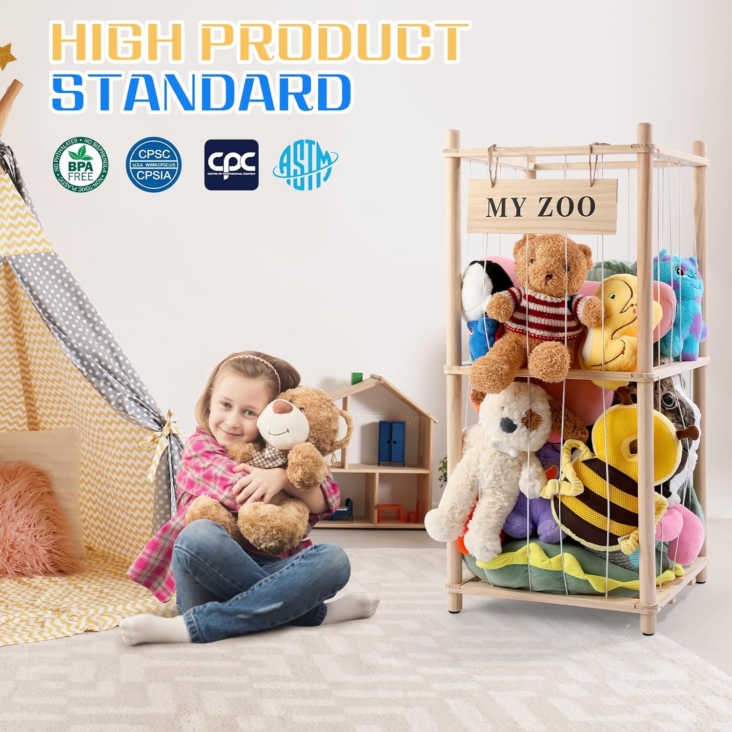 GLDZI Stuffed Animal Storage Zoo, Wooden Stuffed Animal Organizer with Elastic Cords for Boys Girls, Space Saving Toy Plushies Storage Holder for Playroom, Bedroom, Living Room (Burlywood, Small) - Image 3