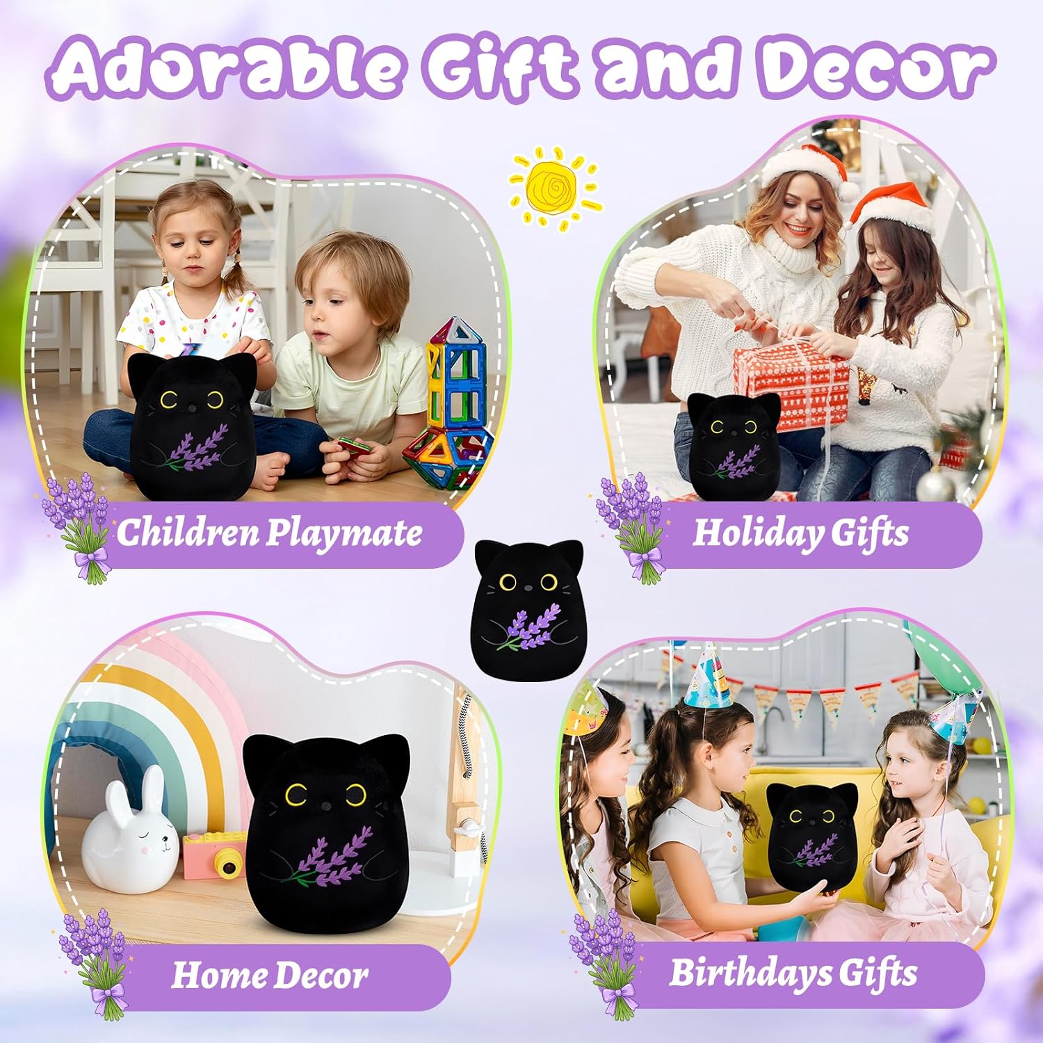 Lavender Black Cat Stuffed Animal,8inch Black Cat Plush Cute Stuffed Animals for Girls Boys,Kawaii & Soft Kitten Plushie Toy for Kids,Cats Lovers Birthday - Image 4