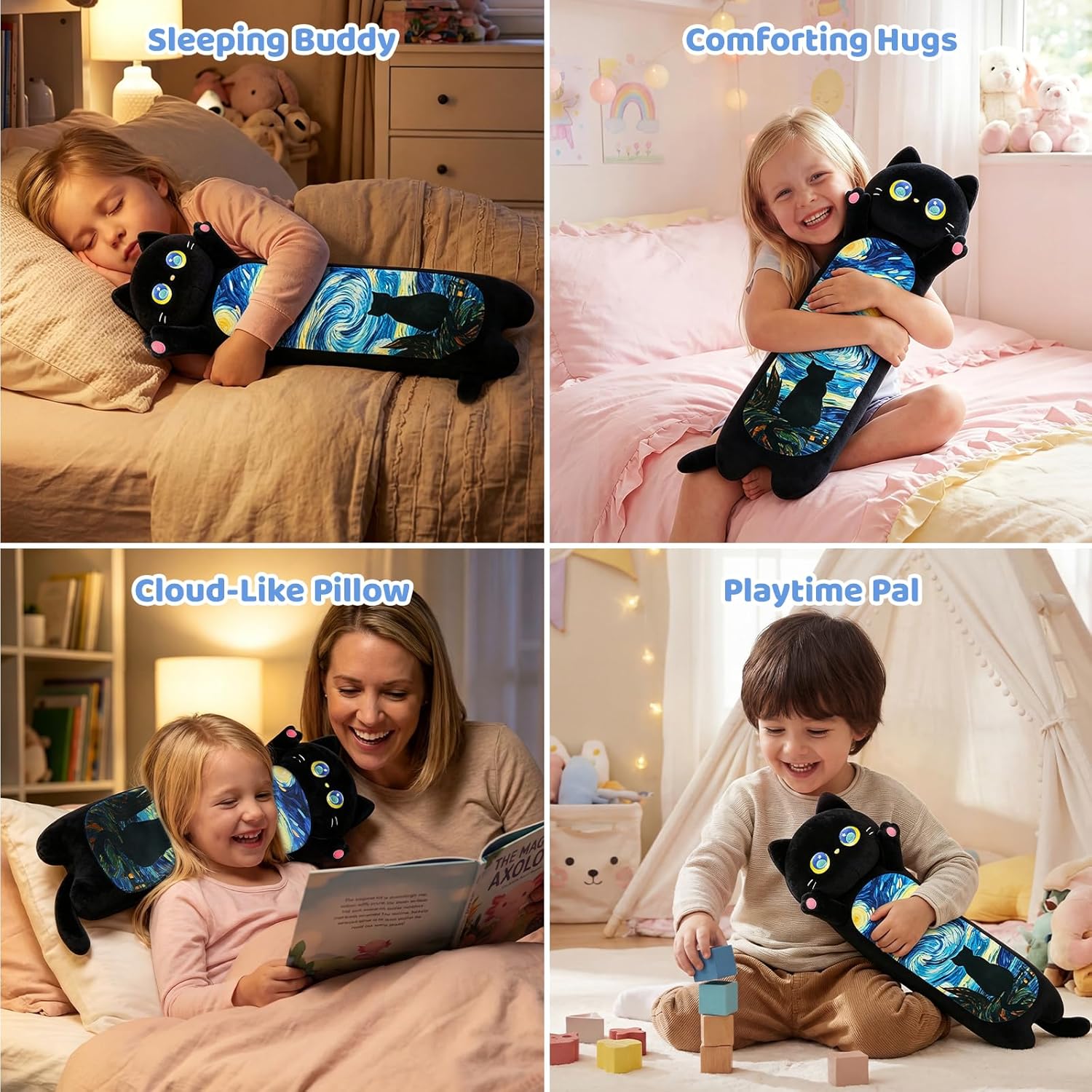 Mewaii Long Cat Plush 5 Sizes, 120% Extra Filling Giant Plushness Kids Body Pillow, Kawaii Cute Black Starry Cat Stuffed Animals Plushies, Big Long Black Cat Body Pillow Plush Gift for Girls 20” - Image 6