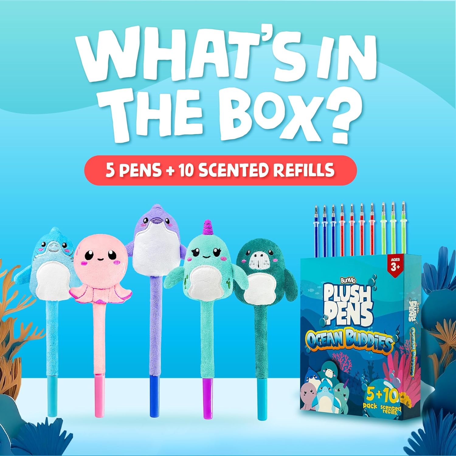 BUNMO Cute Pens - Plush Fun Pens w/Soft Grip & 10 Colorful Refills - Gifts for Tweens - Fun Pencils for Kids - Ocean Animals - Gift for Teens - Squishies for Kids - Plush 5 Pack - Image 7
