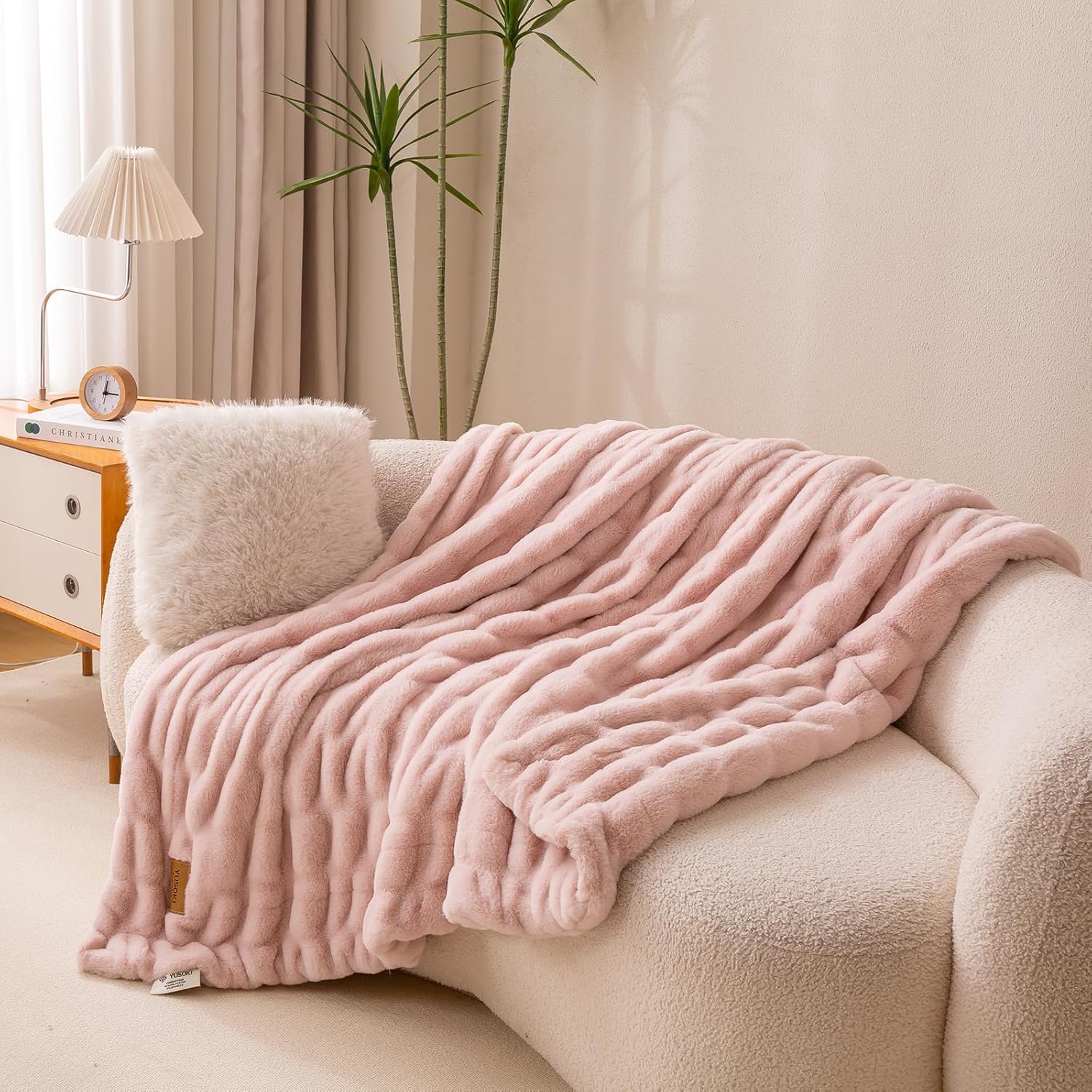 YUSOKI Luxury Double Side Faux Rabbit Fur Throw Blanket for Couch, Ultra Soft Fluffy Throw Gifts, Plush Thick Warm Luxury Decor Gifts for Home (Light Pink, Medium (50 X 60 Inches)) - Image 2