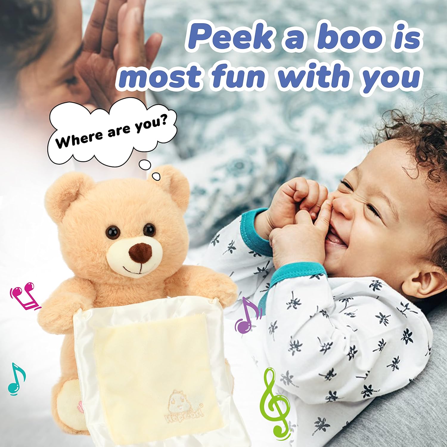 Hopearl Peek A Boo Bear with Security Blanket Interactive Repeats What You Say Plush Teddy Bear Toy Musical Singing Talking Stuffed Animal Adorable Electric Animate Birthday Festival, Beige, 11'' - Image 5
