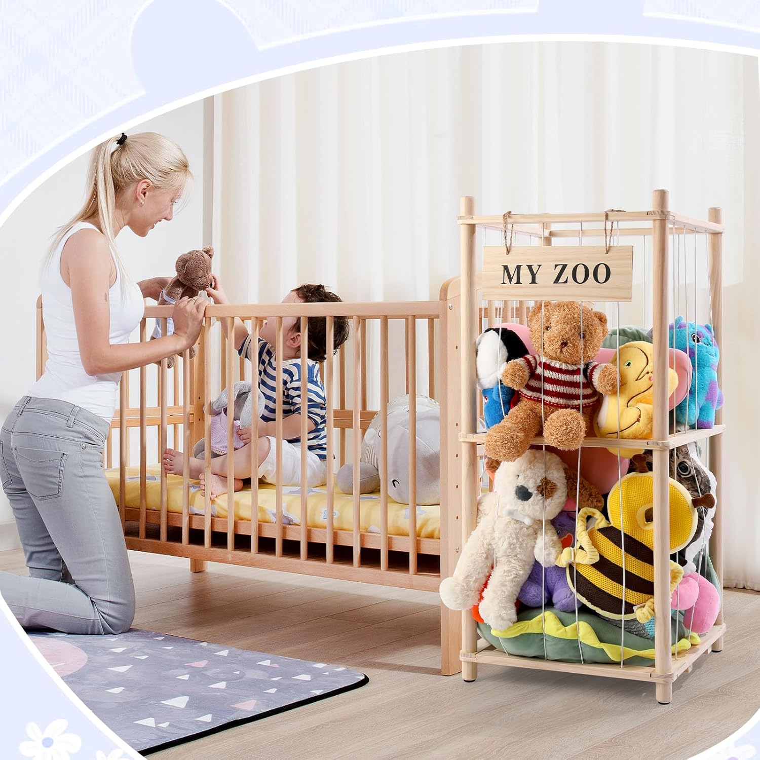 GLDZI Stuffed Animal Storage Zoo, Wooden Stuffed Animal Organizer with Elastic Cords for Boys Girls, Space Saving Toy Plushies Storage Holder for Playroom, Bedroom, Living Room (Burlywood, Small) - Image 8
