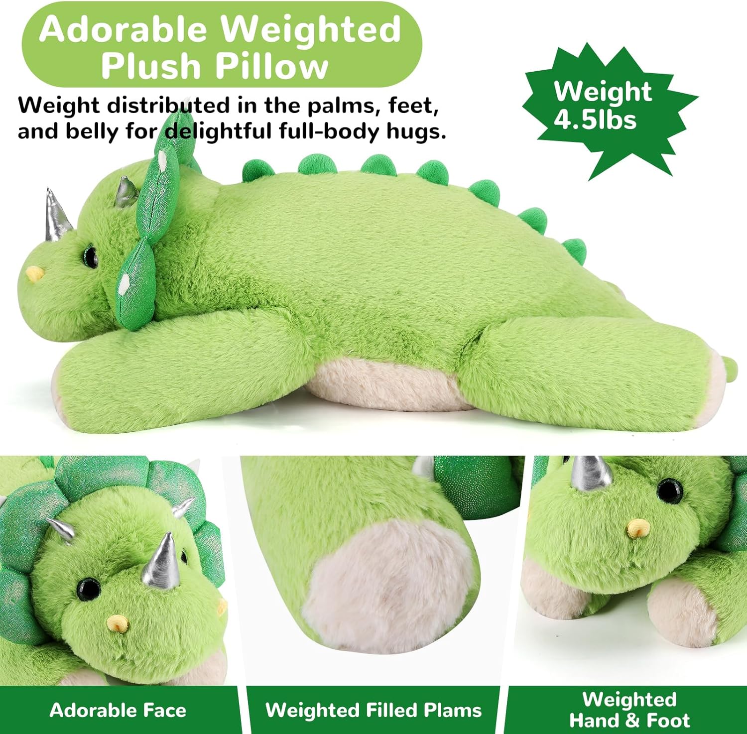 gnomantic Triceratops Weighted Stuffed Animals - 22 Inch 4.5 Pounds Weighted Plushies Dinosaur Stuffed Animals - Big Dino Plush Pillow - Cute Plush Toy Gifts for Kids & Adults (22" 4.5 lbs) - Image 3