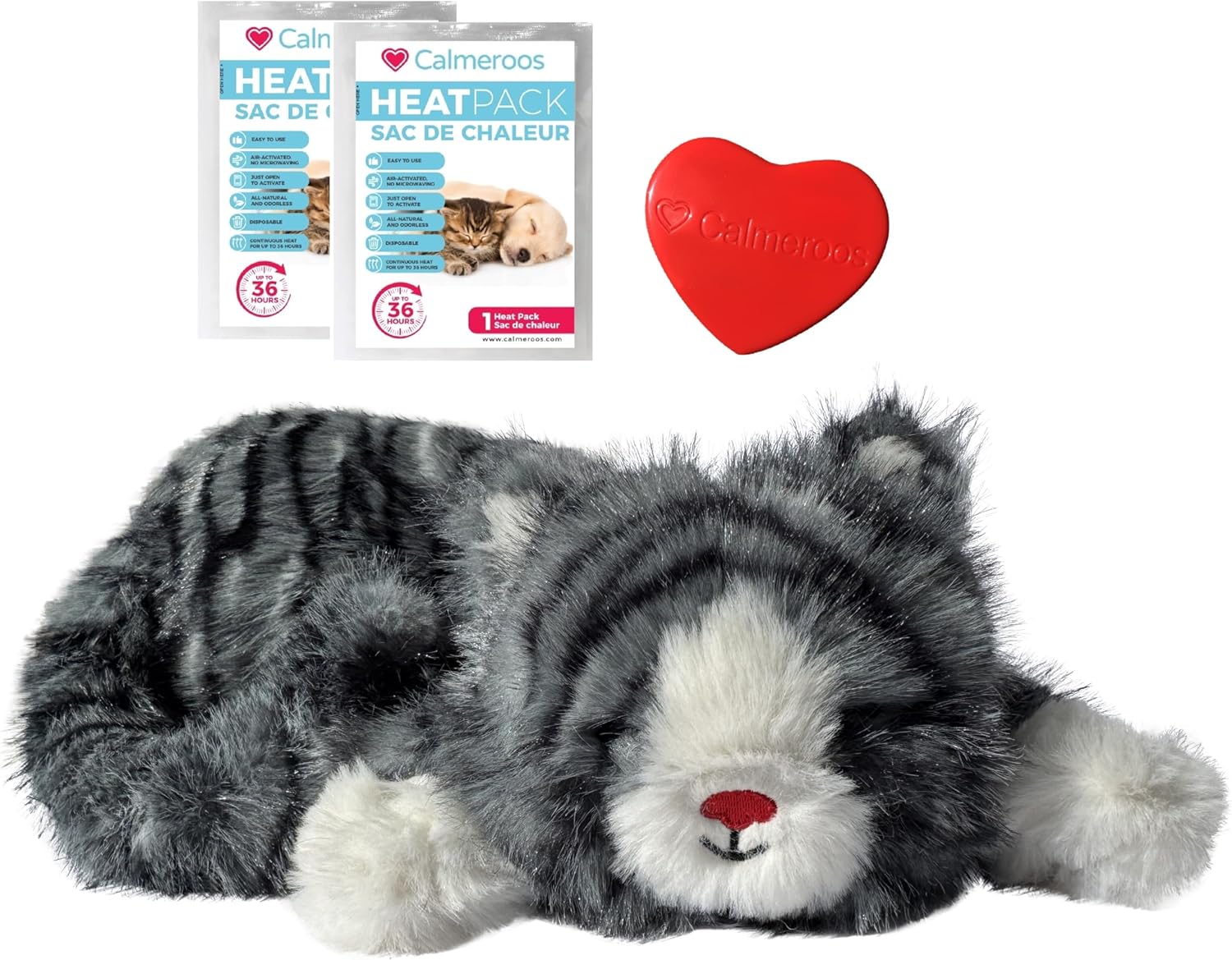 Plush Heartbeat Toy - Calming Anxiety Relief Toys for Puppies and Kittens - Heartbeat in a Soft Comforting Pet Plush for Dogs and Cats (Grey Stripe)