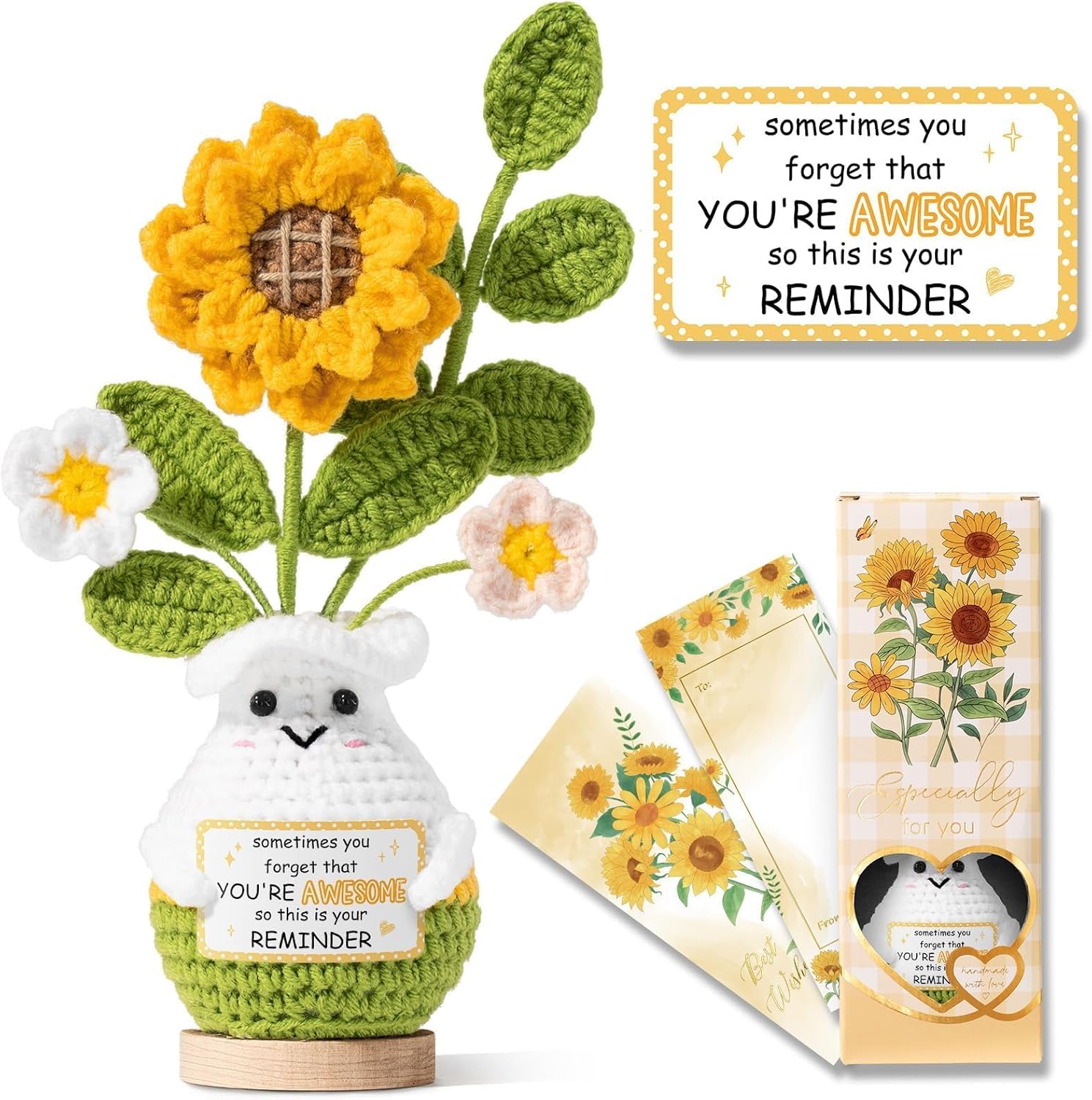 Emotional Support Crochet Positive Sunflower Inspirational Gifts for Women, Thank You Birthday Mothers Day Teacher Appreciation Gifts for Coworker Nurse Mom Friend, Sometimes You Forget You're Awesome