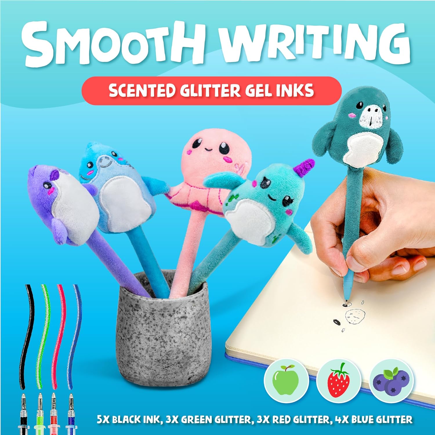 BUNMO Cute Pens - Plush Fun Pens w/Soft Grip & 10 Colorful Refills - Gifts for Tweens - Fun Pencils for Kids - Ocean Animals - Gift for Teens - Squishies for Kids - Plush 5 Pack - Image 4