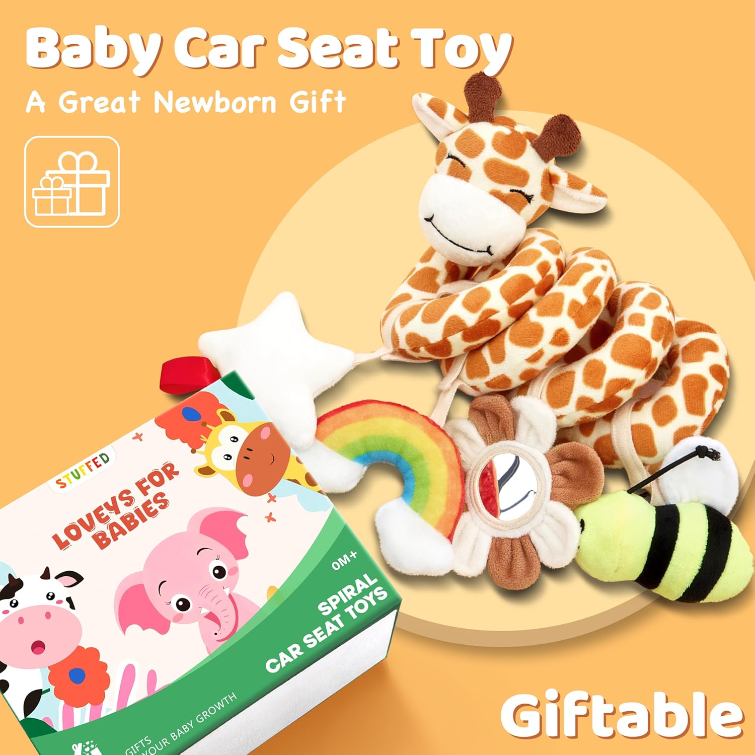 Stuffed Spiral Car Seat Baby Toys 6-12 Months, Infant Giraffe Sensory Toys Hanging Stroller Accessories, Newborn Shower Gifts for Baby Boys Girls Essentials | Cute Colorful Giraffe - Image 7