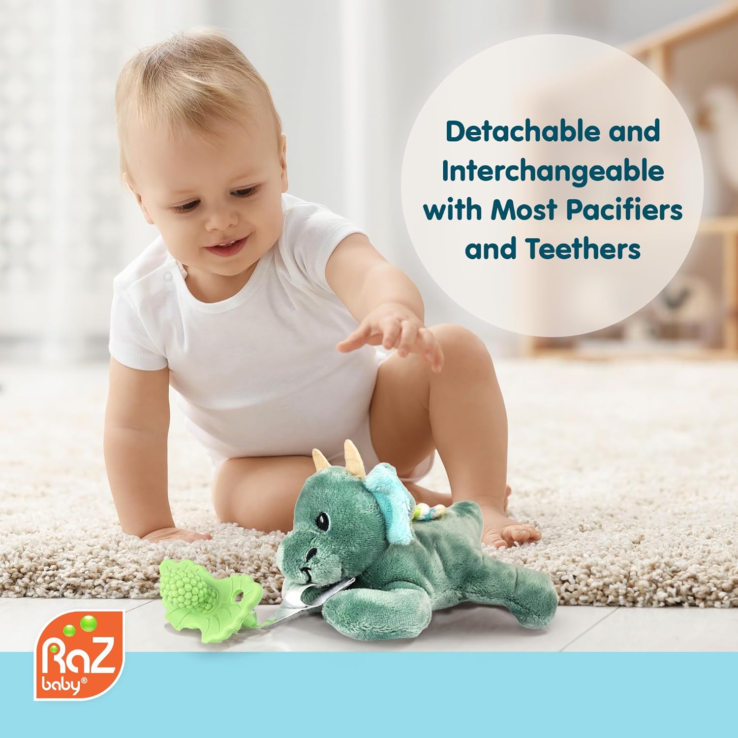 RaZbaby Sloth RaZbuddy w/RaZberry Teething Relief Pacifier – Soothes Sore Gums w/Nature-Inspired Texture, 100% BPA-Free Silicone Teether, Detachable Stuffed Animal – 3 Months+ Teether, Tan - Image 4